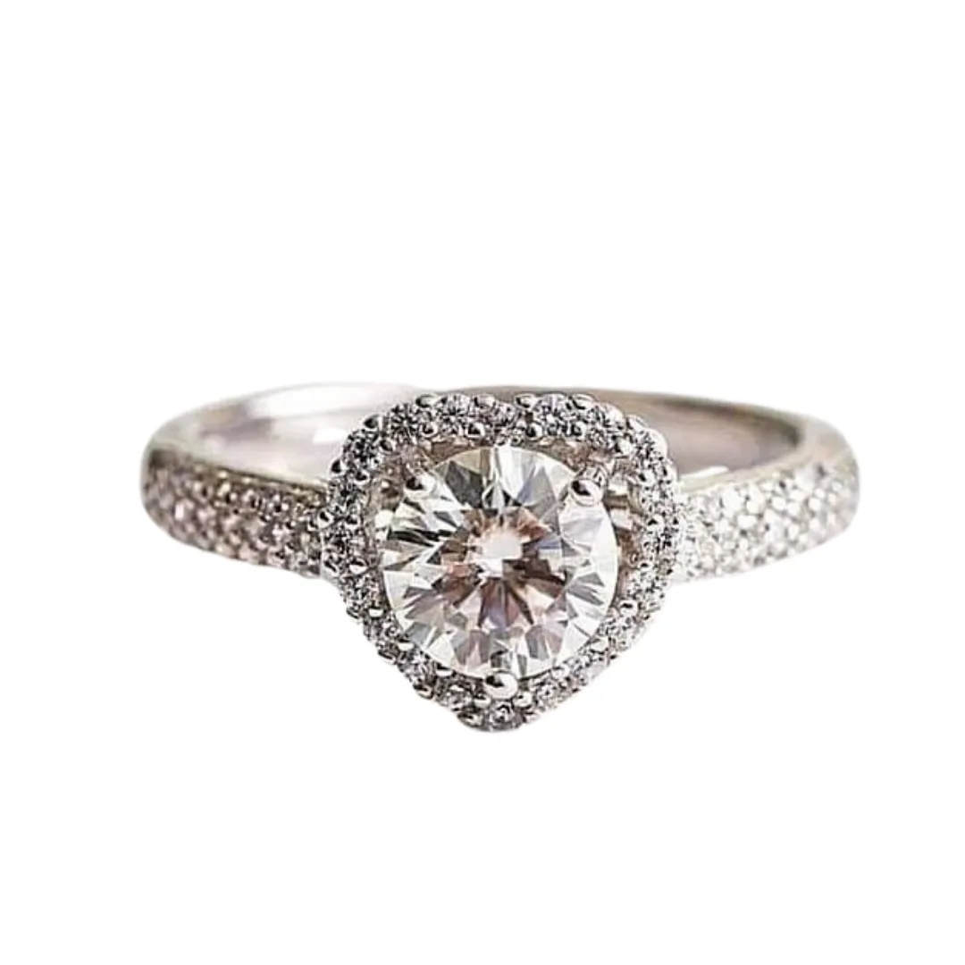 1 Carat Round Moissanite Engagement Ring. Heart Halo Ring. High Quality Engagement Ring. Sterling Silver Promise Ring.