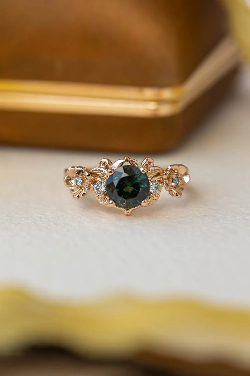 1 carat teal sapphire engagement ring, floral ring with diamonds / Adelina