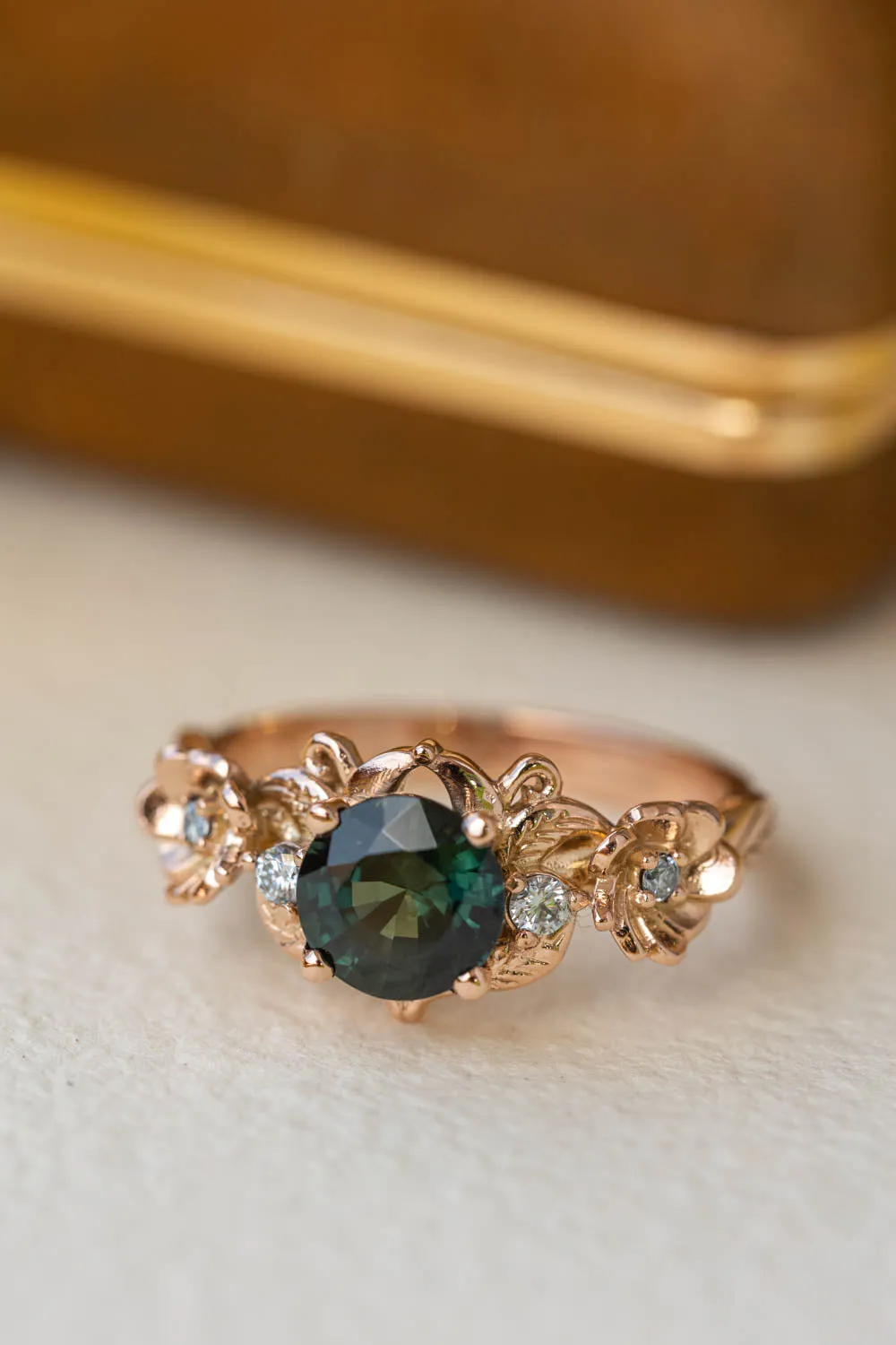 1 carat teal sapphire engagement ring, floral ring with diamonds / Adelina