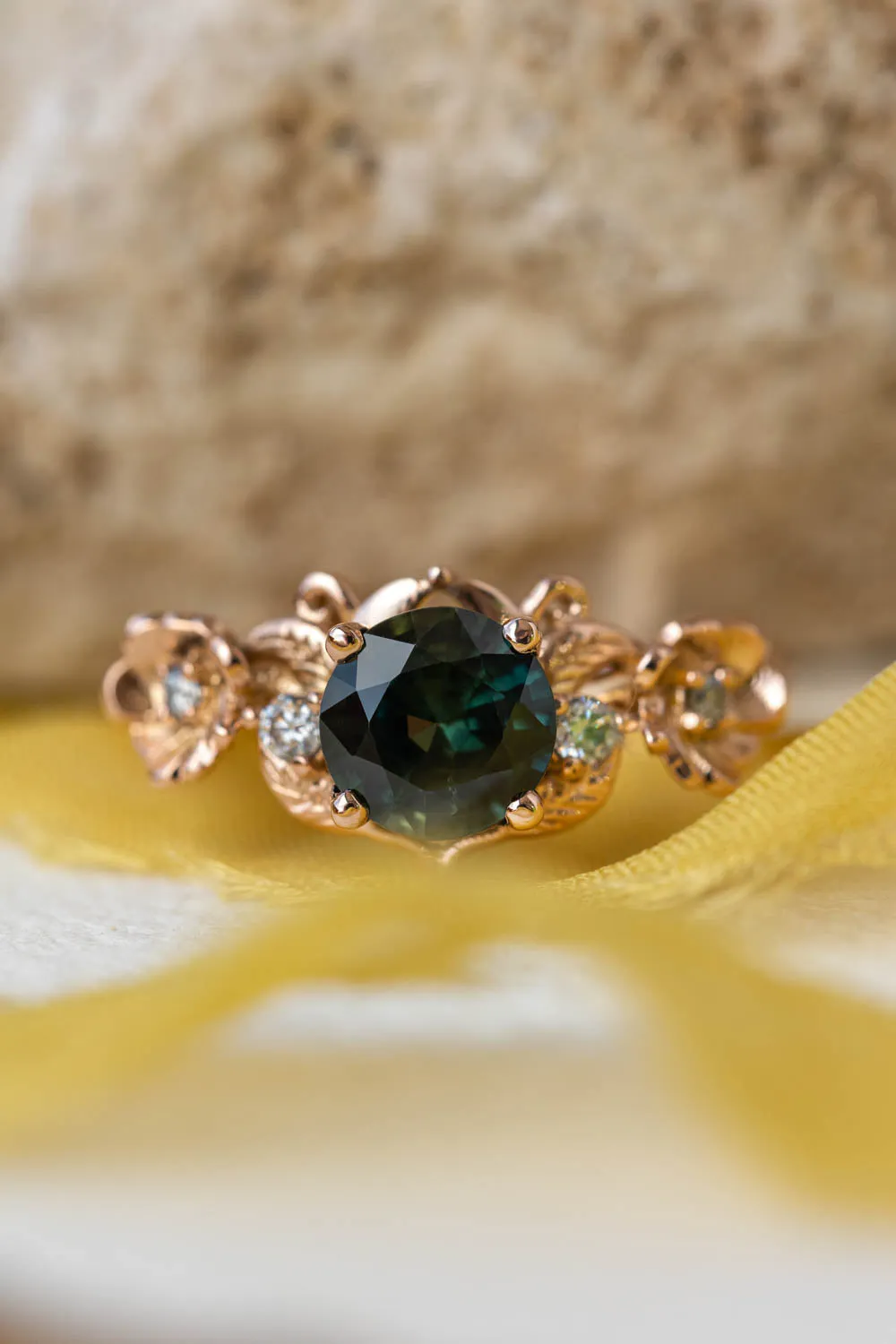 1 carat teal sapphire engagement ring, floral ring with diamonds / Adelina