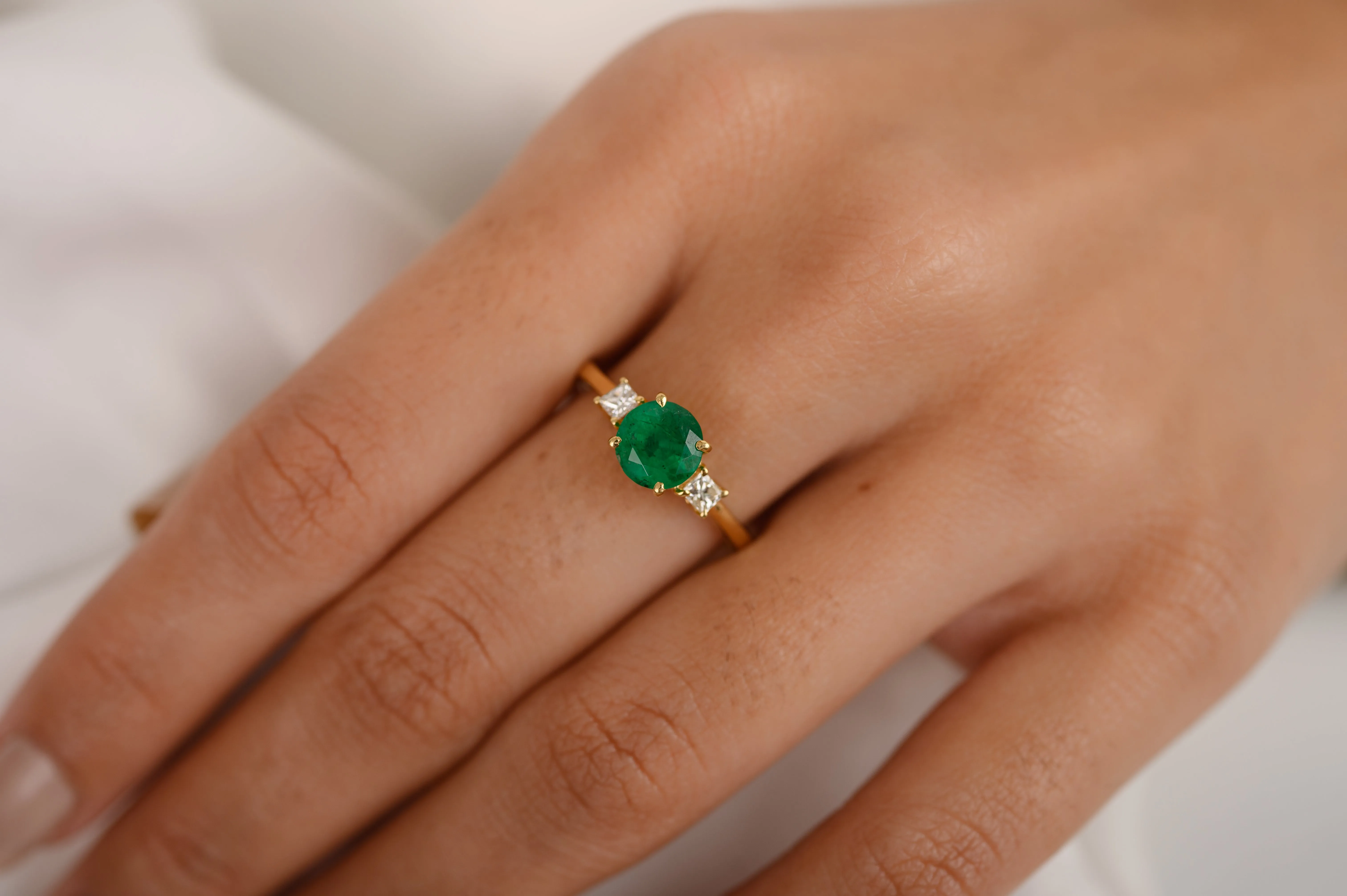 14k Emerald & Diamond Three-Stone Engagement Ring