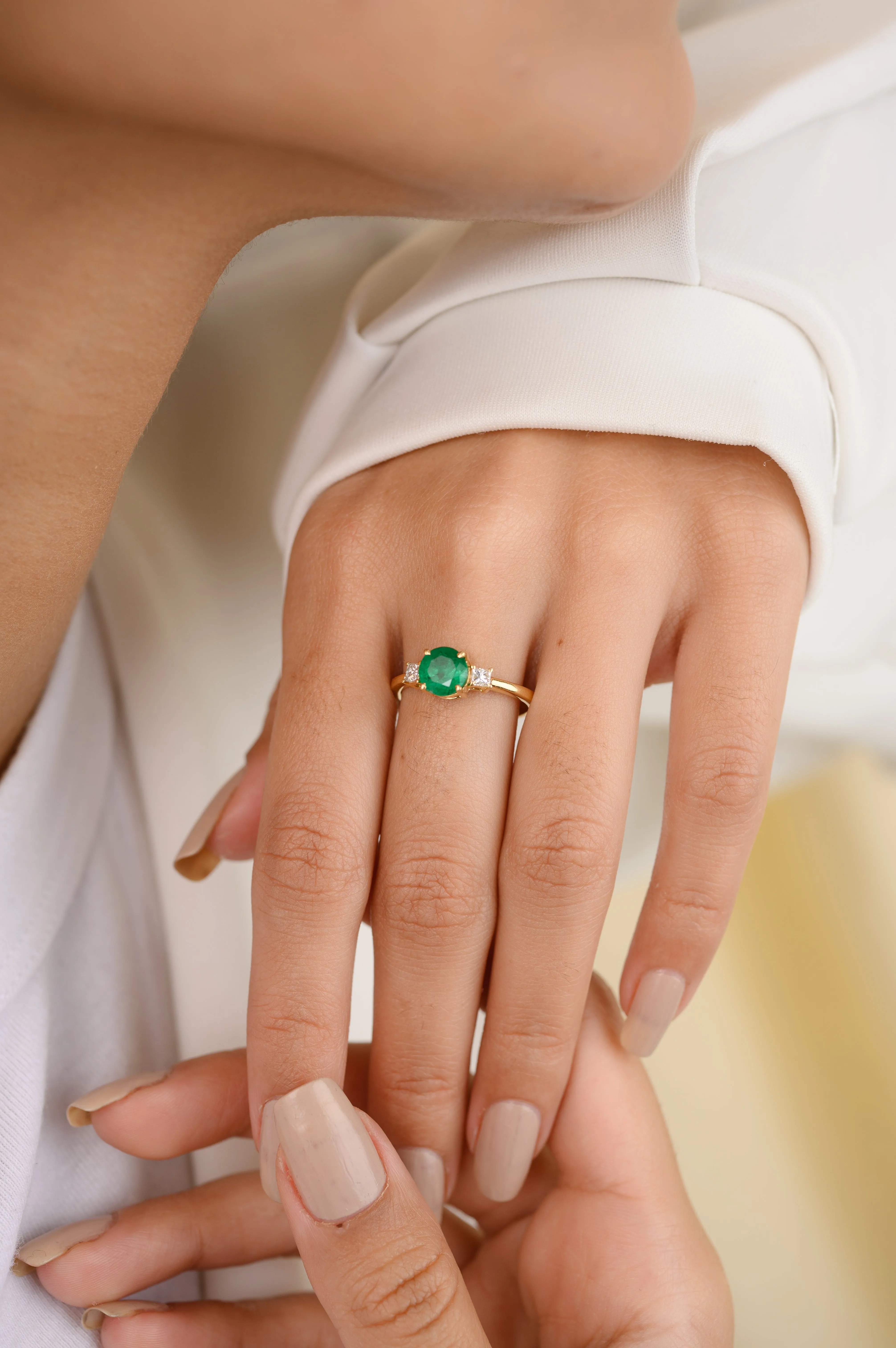 14k Emerald & Diamond Three-Stone Engagement Ring