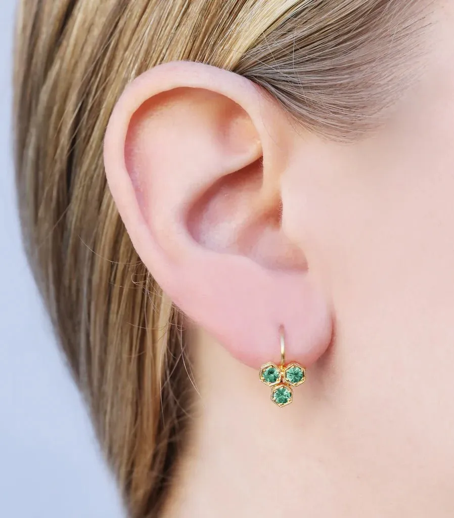 22K Gold Triple Hexagonal Emerald Earrings