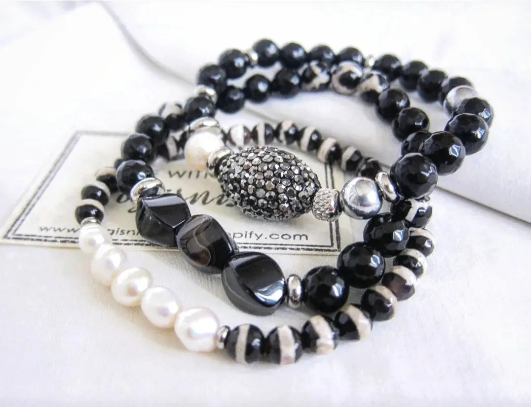 3 piece set - Black Onyx, Agate, Baroque Freshwater Pearl Energy Mala Bracelets