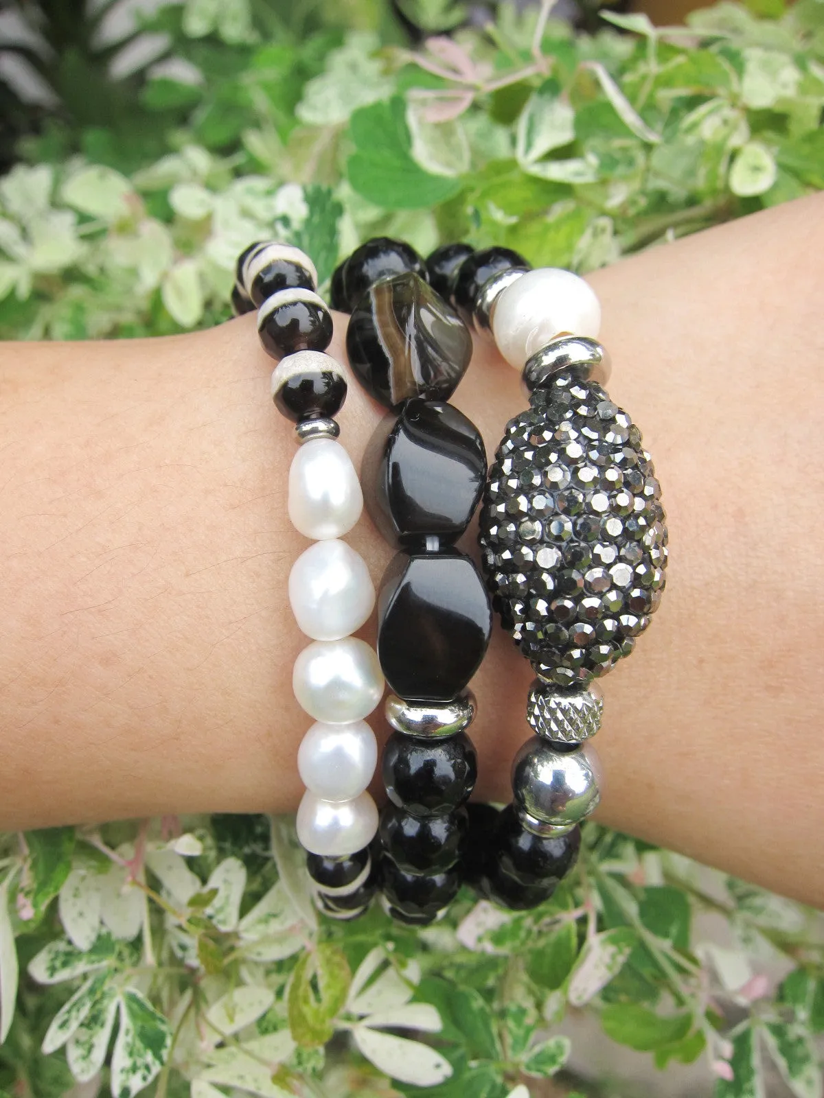 3 piece set - Black Onyx, Agate, Baroque Freshwater Pearl Energy Mala Bracelets