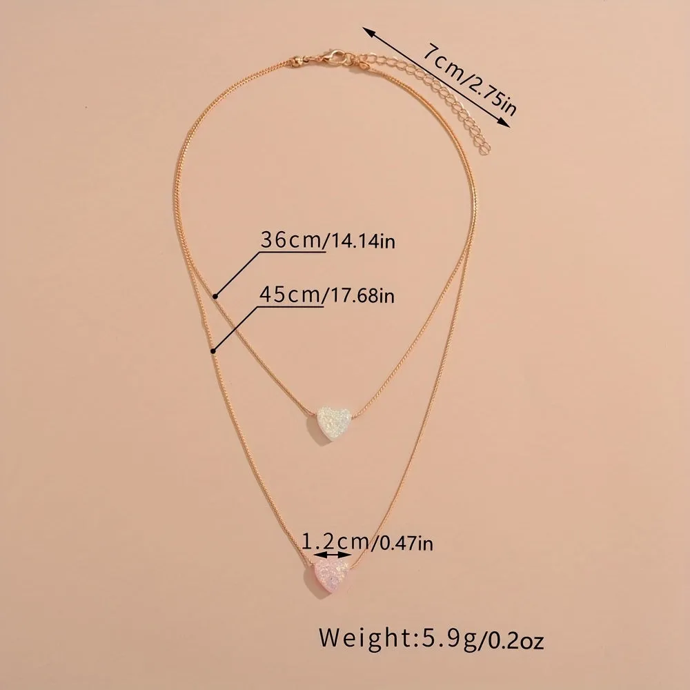 Acrylic Love Heart Pendant Double Layer Stacking Alloy Necklace For Women Girls