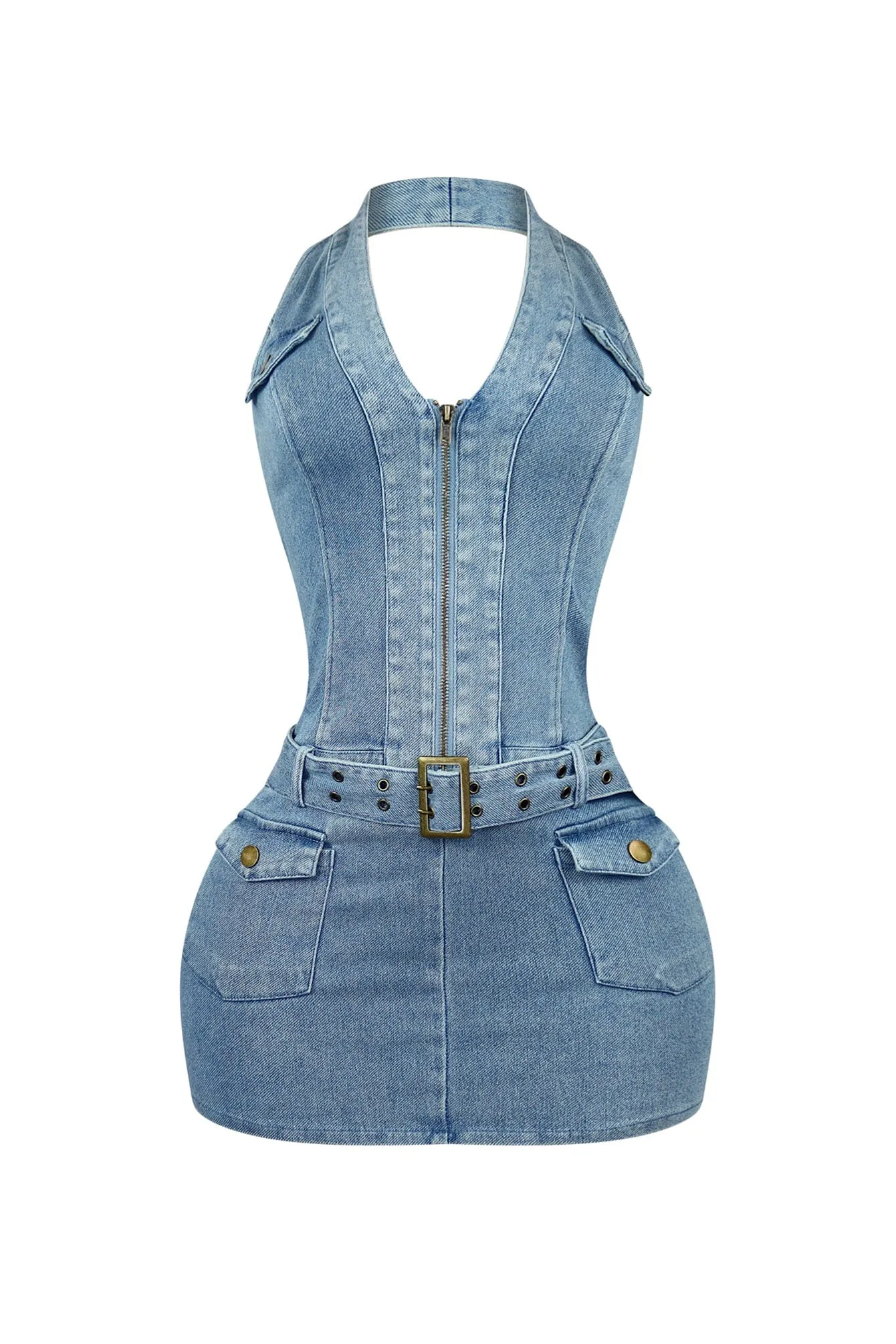 Alice Halter Denim Belt Mini Dress