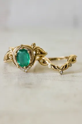 Art nouveau bridal ring set with natural emerald / Lida oval