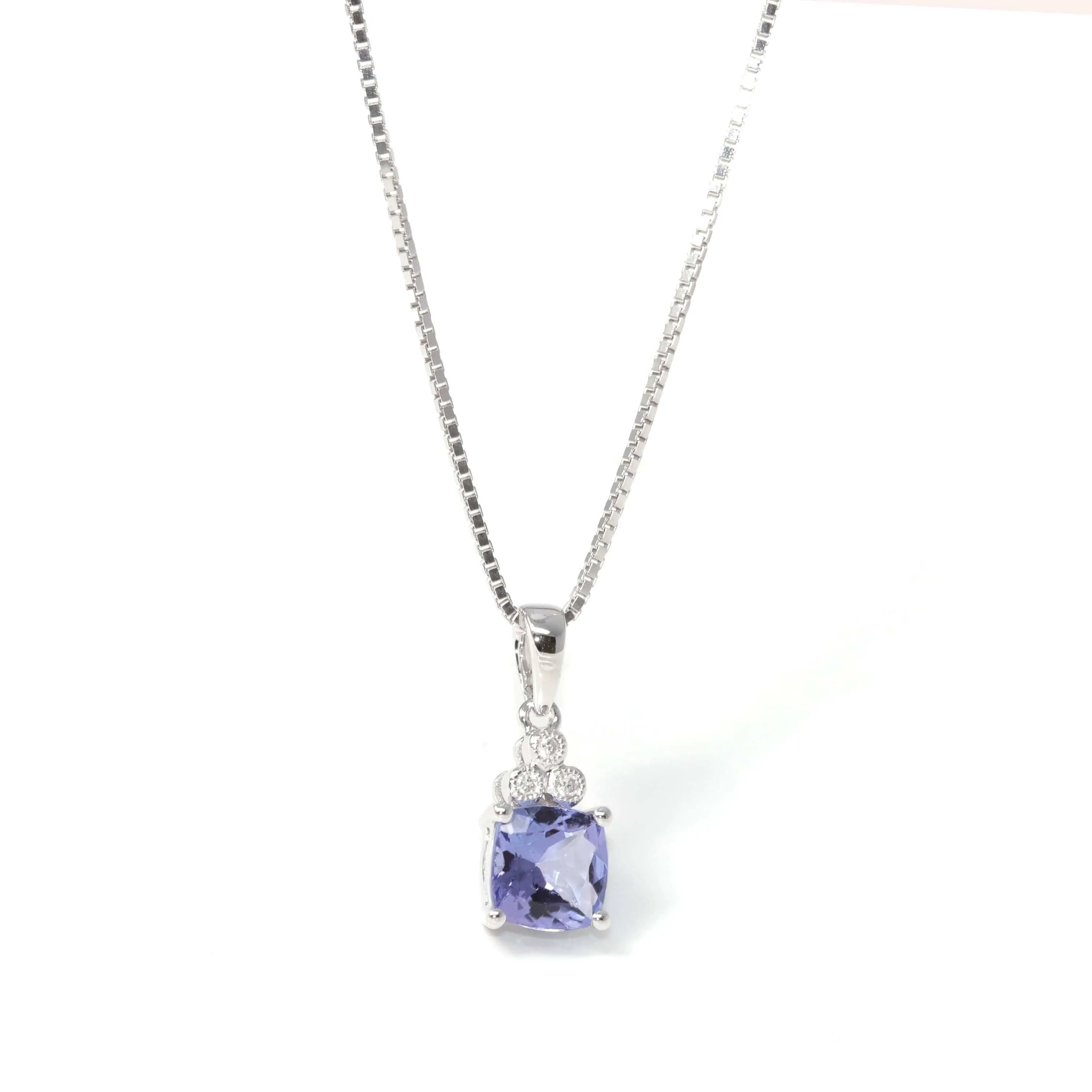 Baikalla? 14k White Gold Natural Tanzanite Cushion Cut Prong Set Necklace With Diamonds