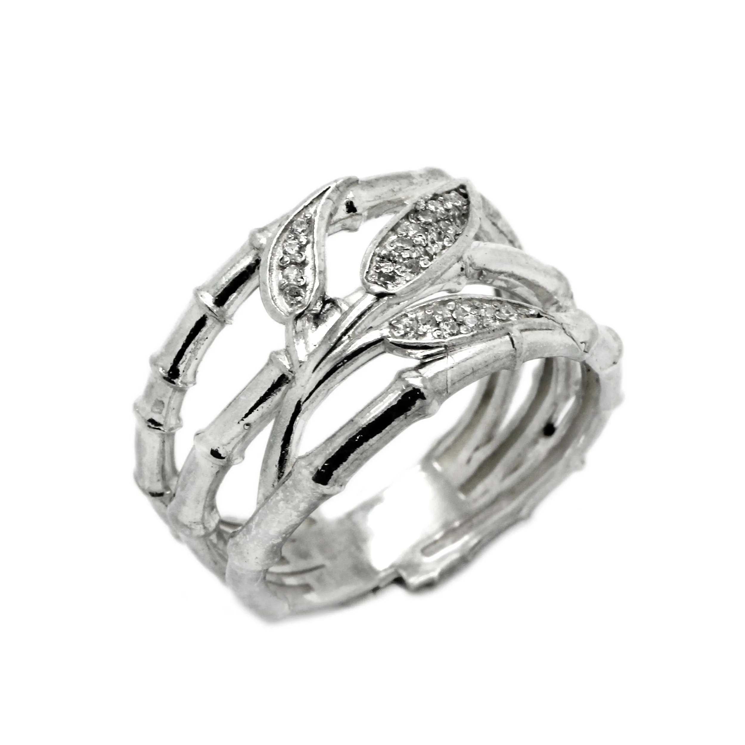 Bamboo Women's Ring with Zircons Silver 925 Tropical Style