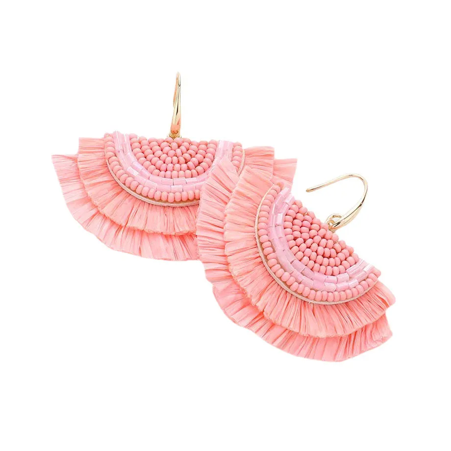 Bead Embellished Raffia Fringe Dangle Earrings