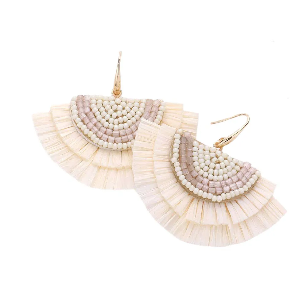 Bead Embellished Raffia Fringe Dangle Earrings