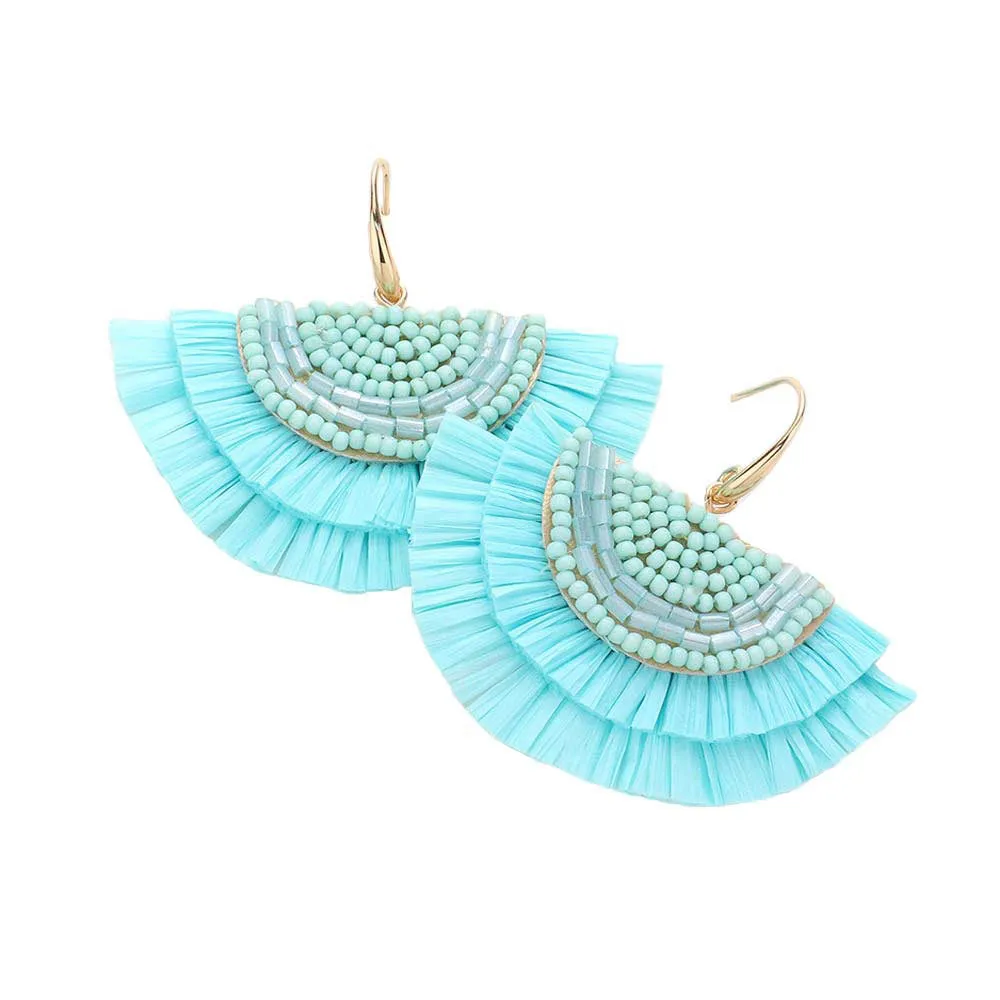 Bead Embellished Raffia Fringe Dangle Earrings