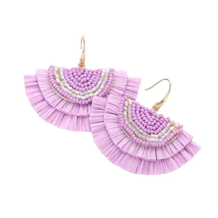 Bead Embellished Raffia Fringe Dangle Earrings