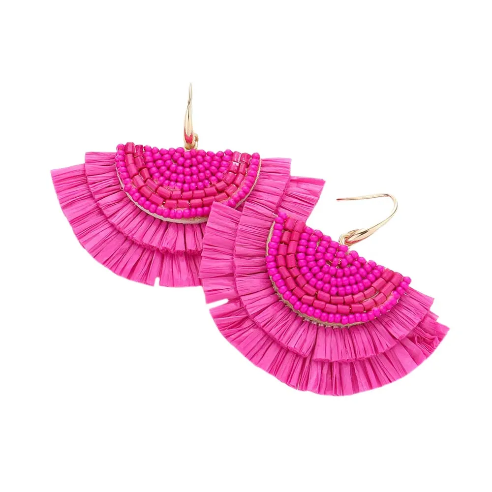 Bead Embellished Raffia Fringe Dangle Earrings