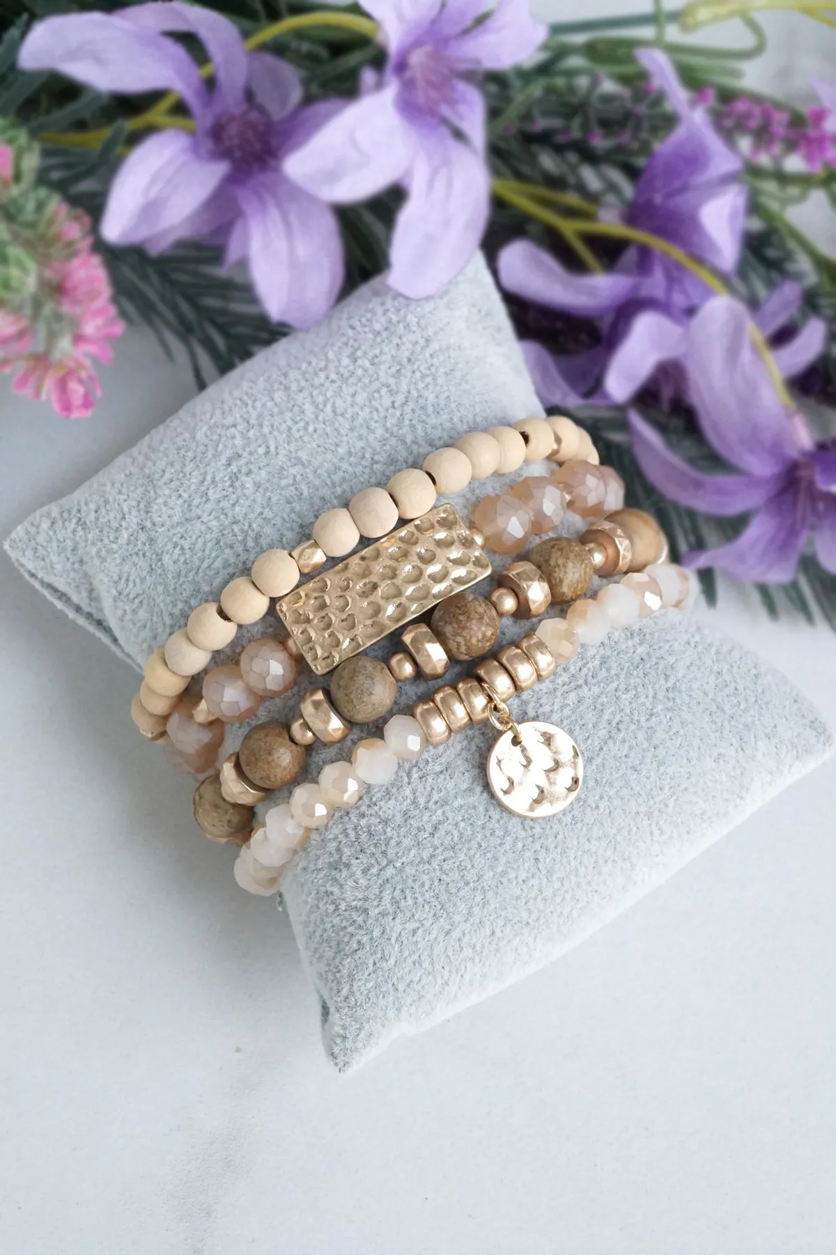 Beaded Bracelets stack of 4 piece with Natural Wood and Semi Precious bead stones glass golden coin