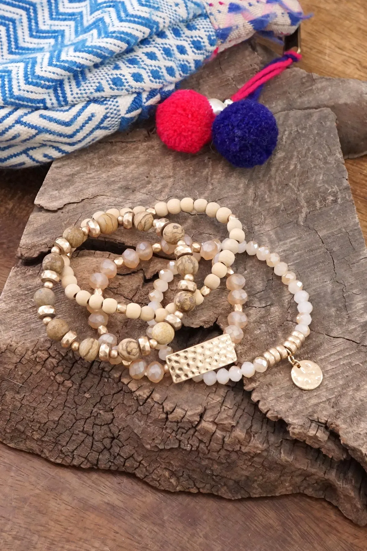 Beaded Bracelets stack of 4 piece with Natural Wood and Semi Precious bead stones glass golden coin