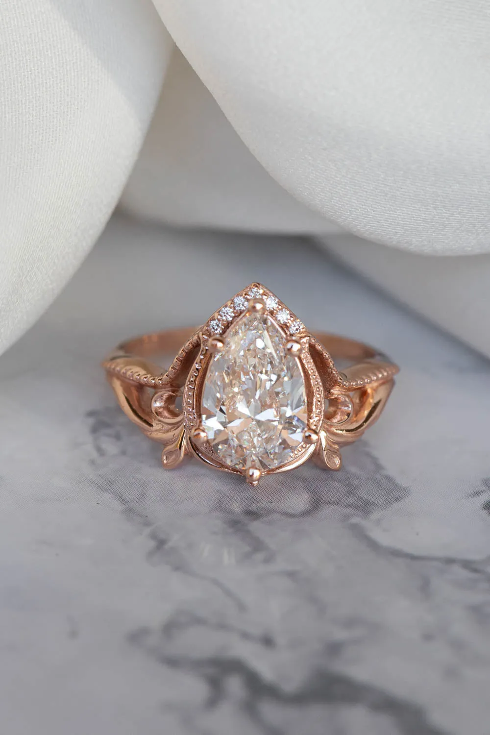 Big pear moissanite engagement ring, vintage inspired gold ring with diamonds  / Lida