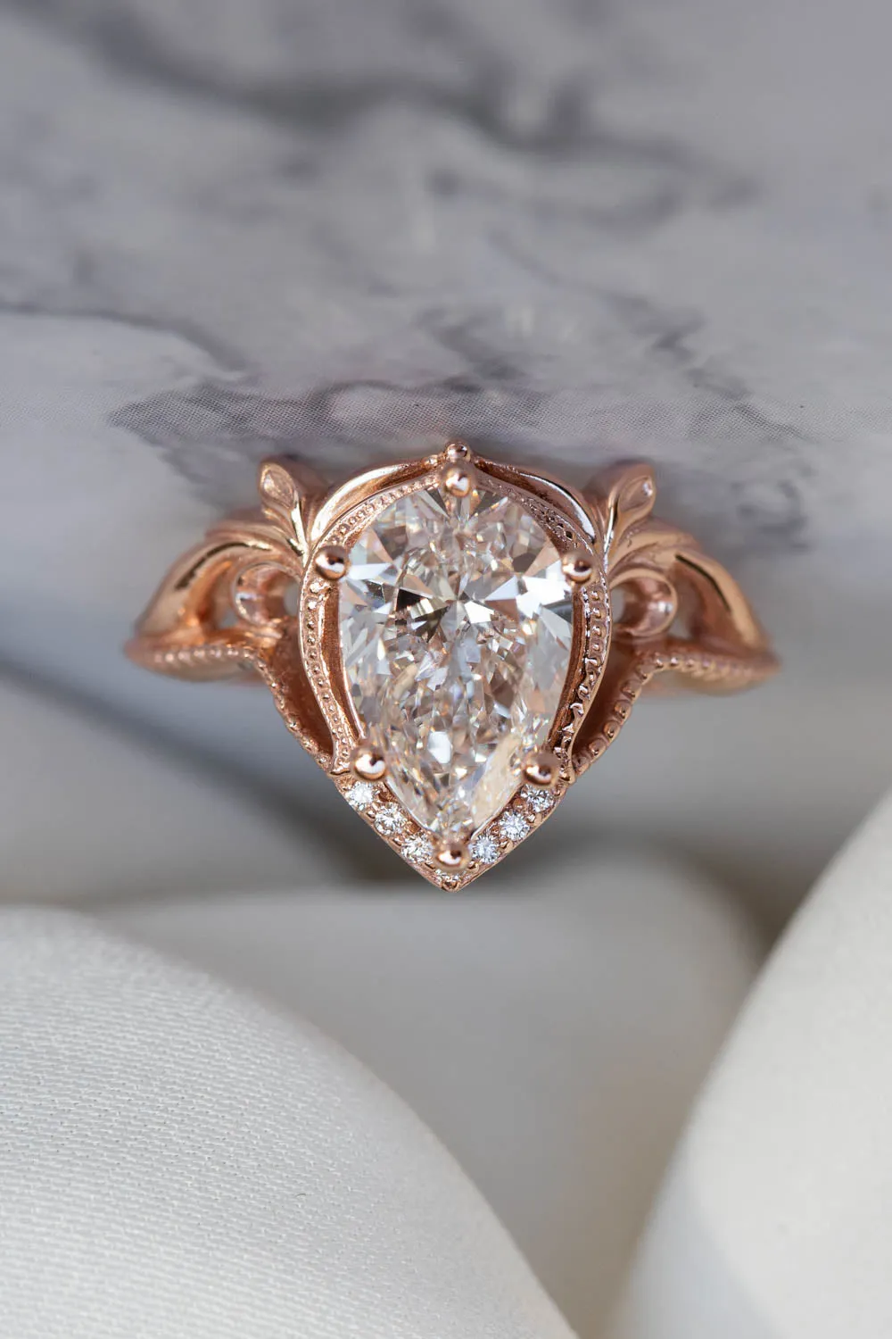 Big pear moissanite engagement ring, vintage inspired gold ring with diamonds  / Lida