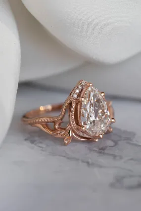 Big pear moissanite engagement ring, vintage inspired gold ring with diamonds  / Lida