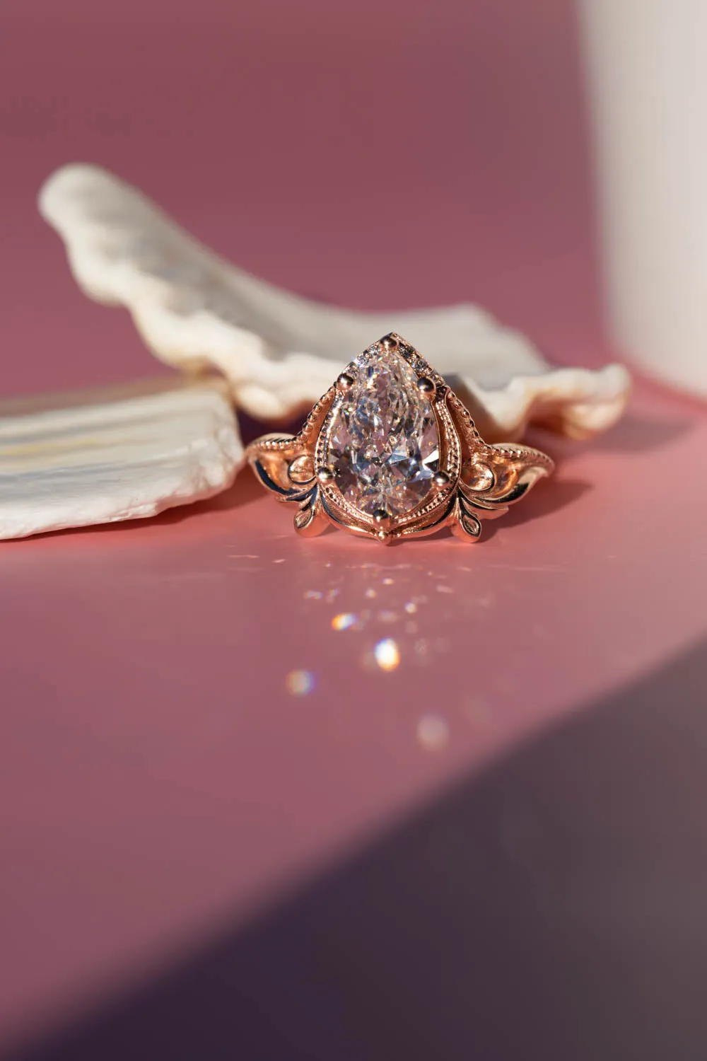 Big pear moissanite engagement ring, vintage inspired gold ring with diamonds  / Lida