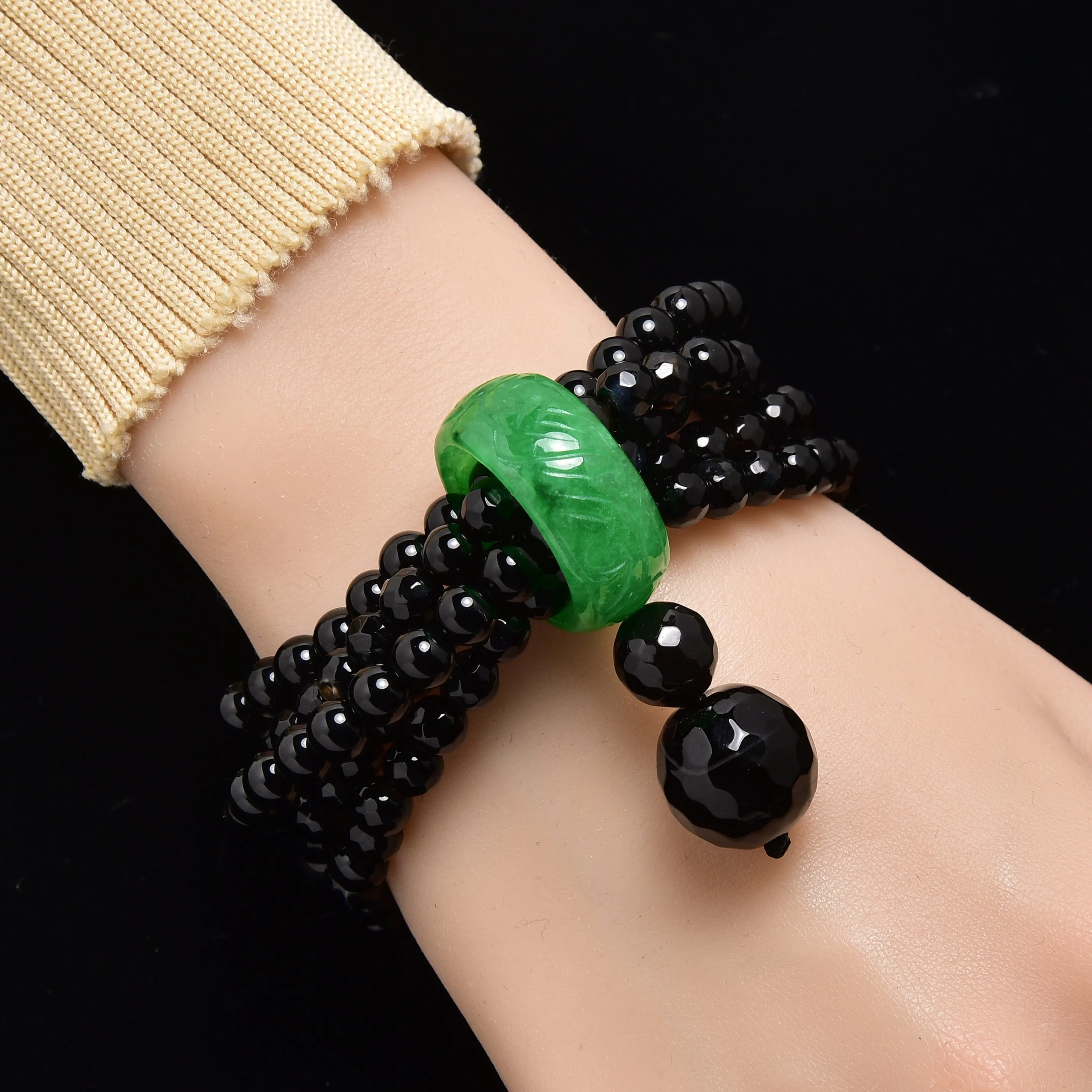 Black Enhanced 6mm Agate with Jade Ring Gemstone Bead Elastic Bracelet