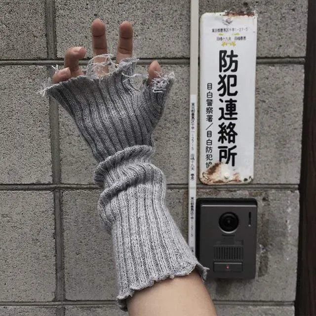 Black Gray Beige Tattered Punk Unisex Fingerless Cuff Knit Gloves Women Men Elbow Length Mittens Broken Cool Stretch Arm Warmer