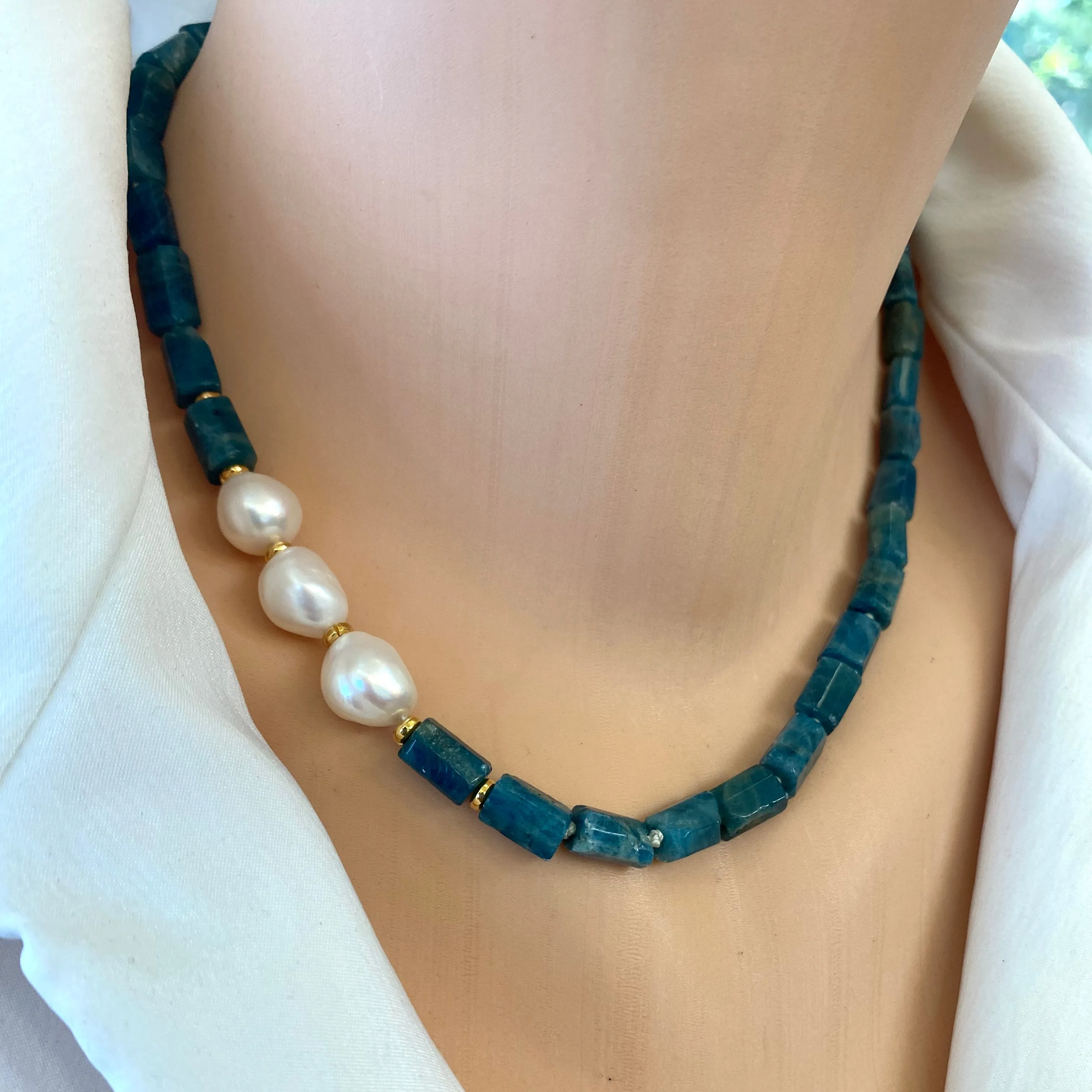 Blue Apatite Tube Beads Necklace w Gold Vermeil & Freshwater Pearls, 17.5Inches