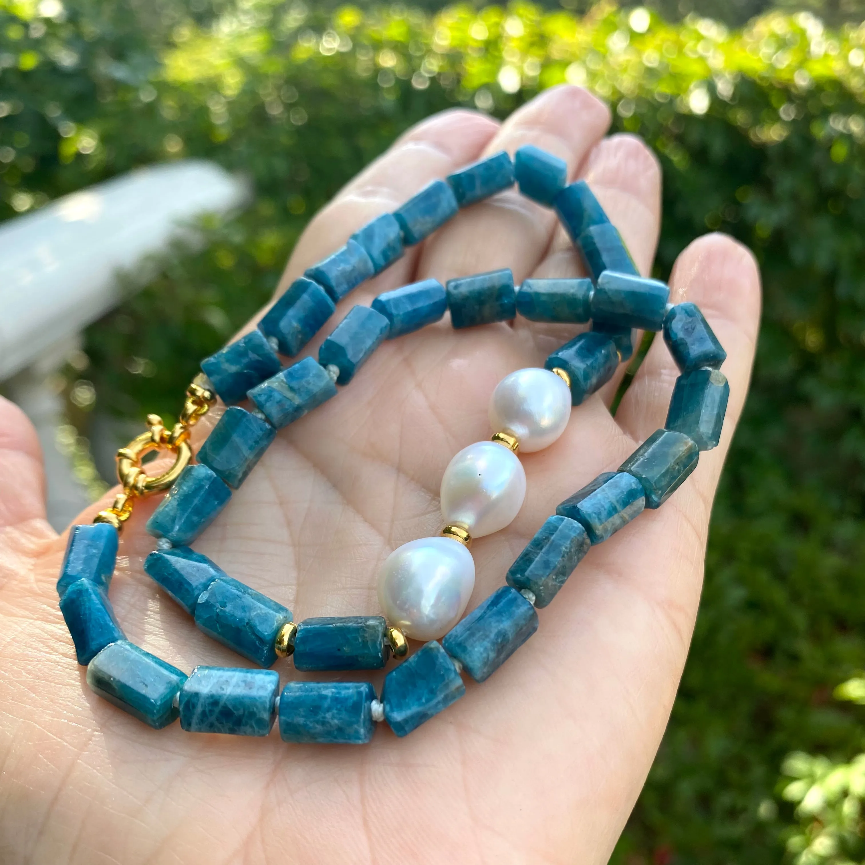 Blue Apatite Tube Beads Necklace w Gold Vermeil & Freshwater Pearls, 17.5Inches