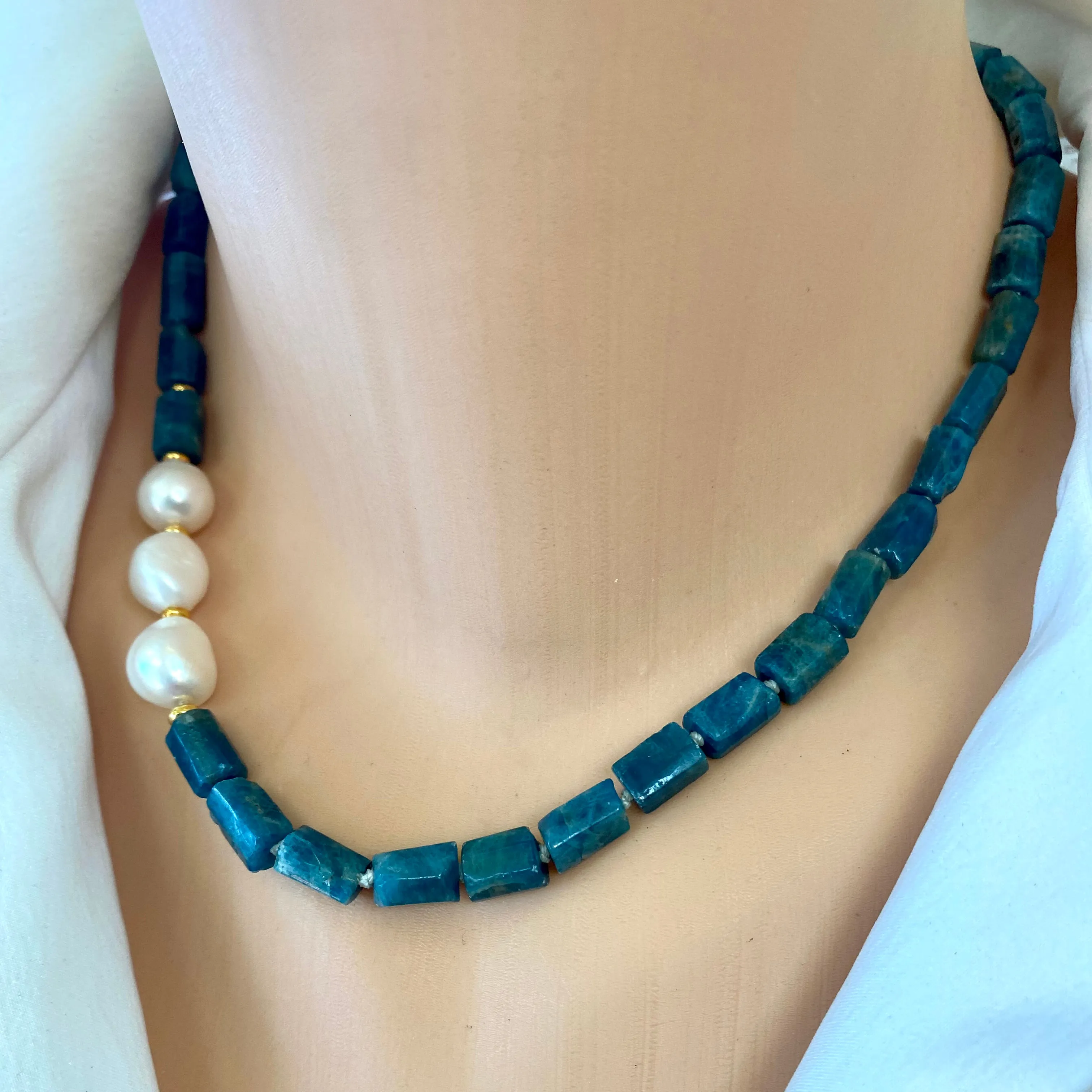 Blue Apatite Tube Beads Necklace w Gold Vermeil & Freshwater Pearls, 17.5Inches