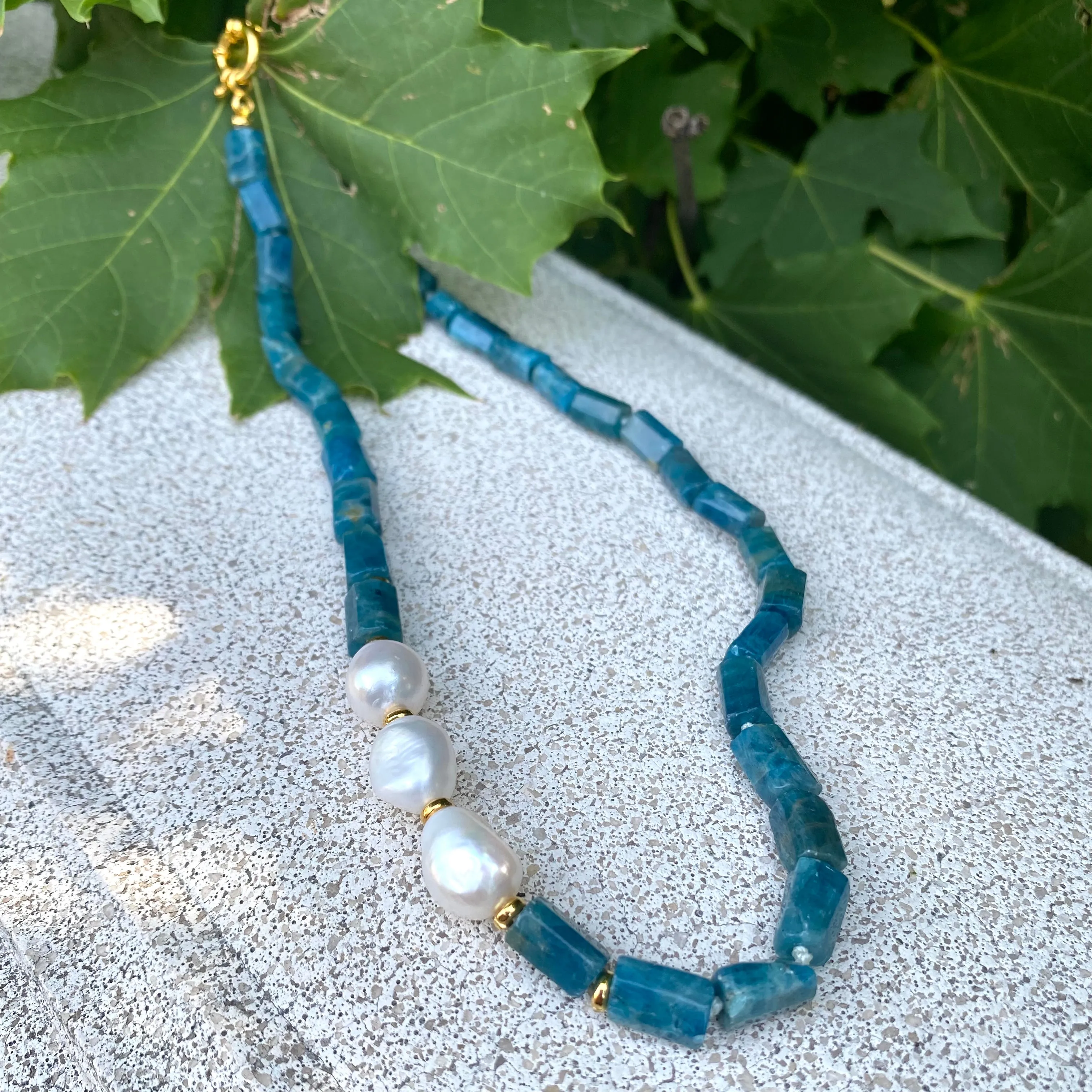 Blue Apatite Tube Beads Necklace w Gold Vermeil & Freshwater Pearls, 17.5Inches