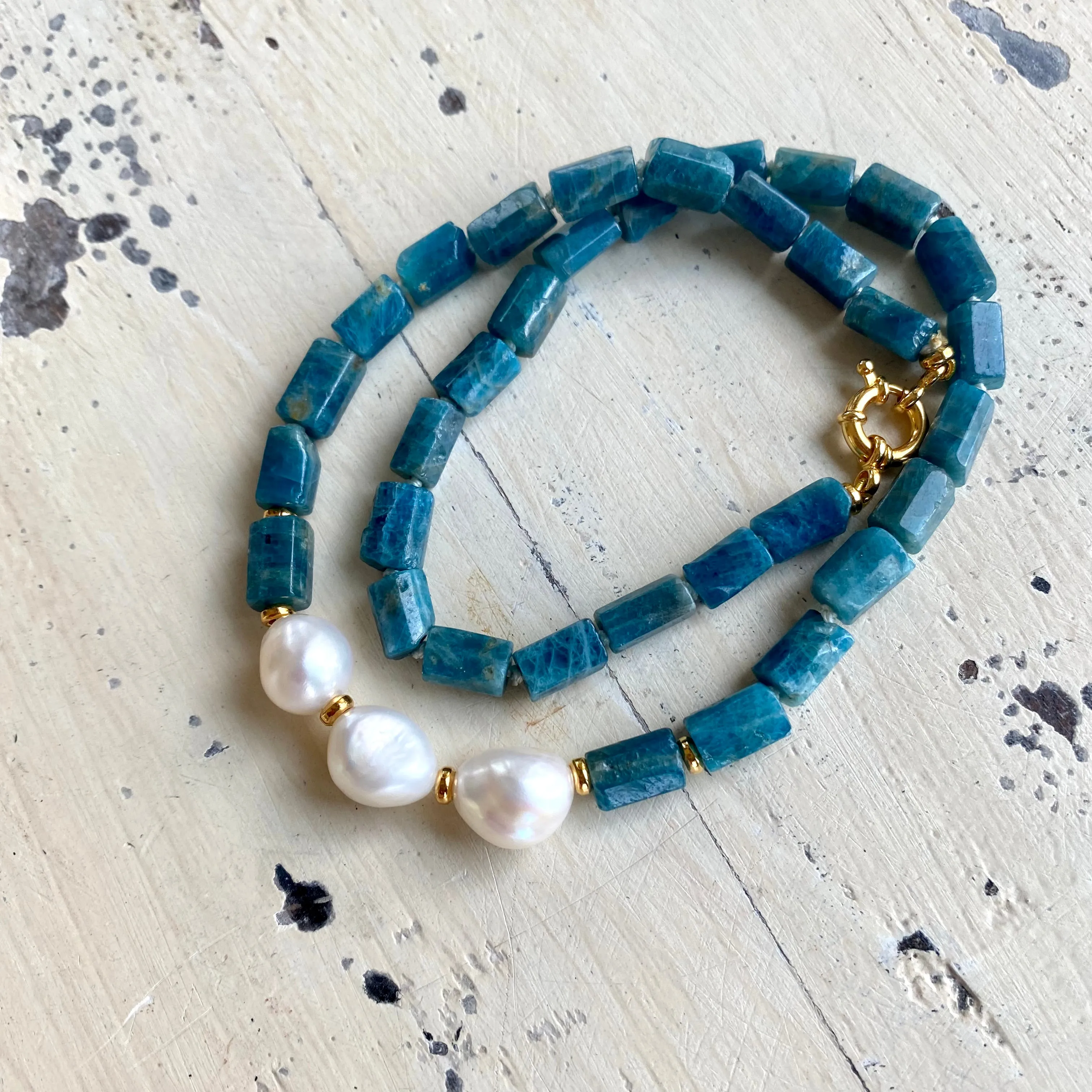 Blue Apatite Tube Beads Necklace w Gold Vermeil & Freshwater Pearls, 17.5Inches