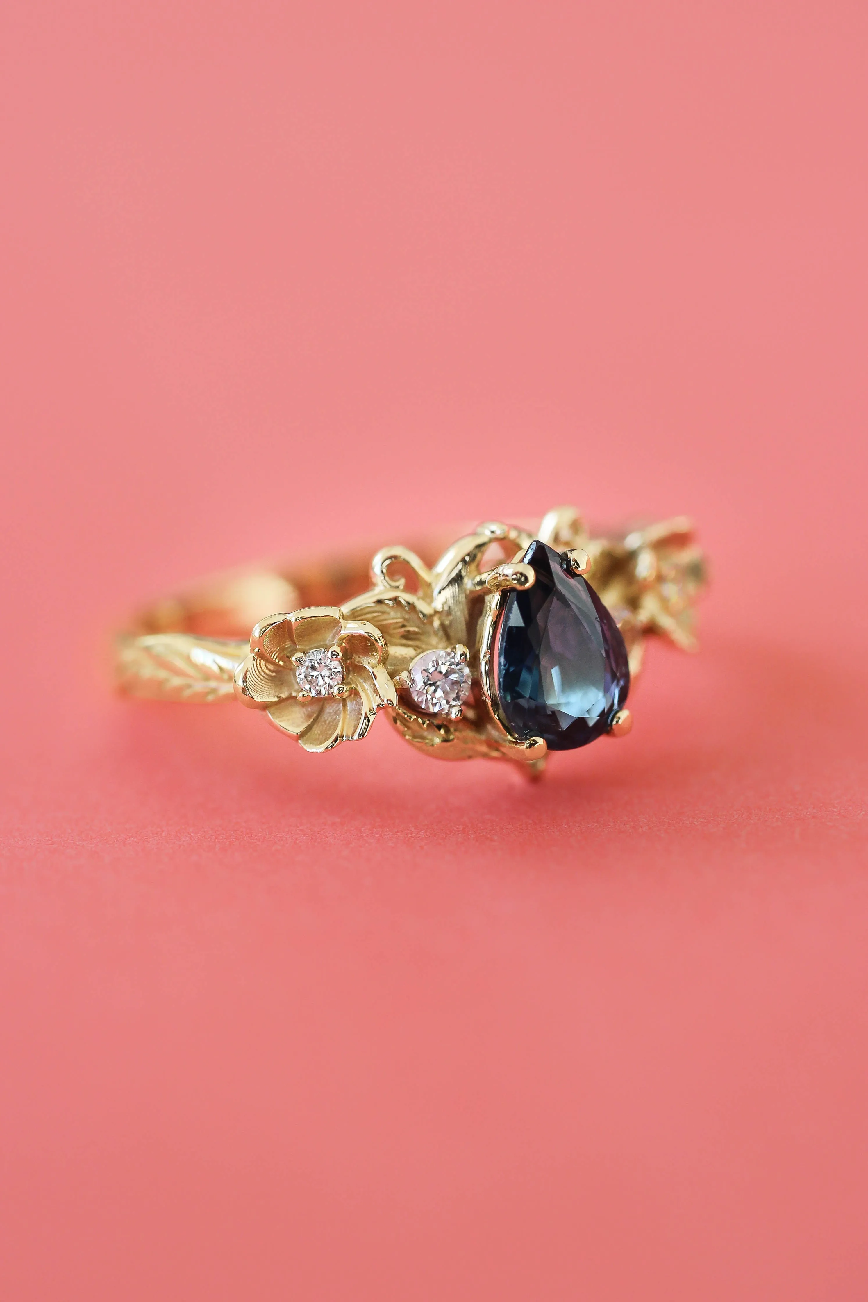 Blue sapphire and diamonds ring, flower engagement ring / Adelina