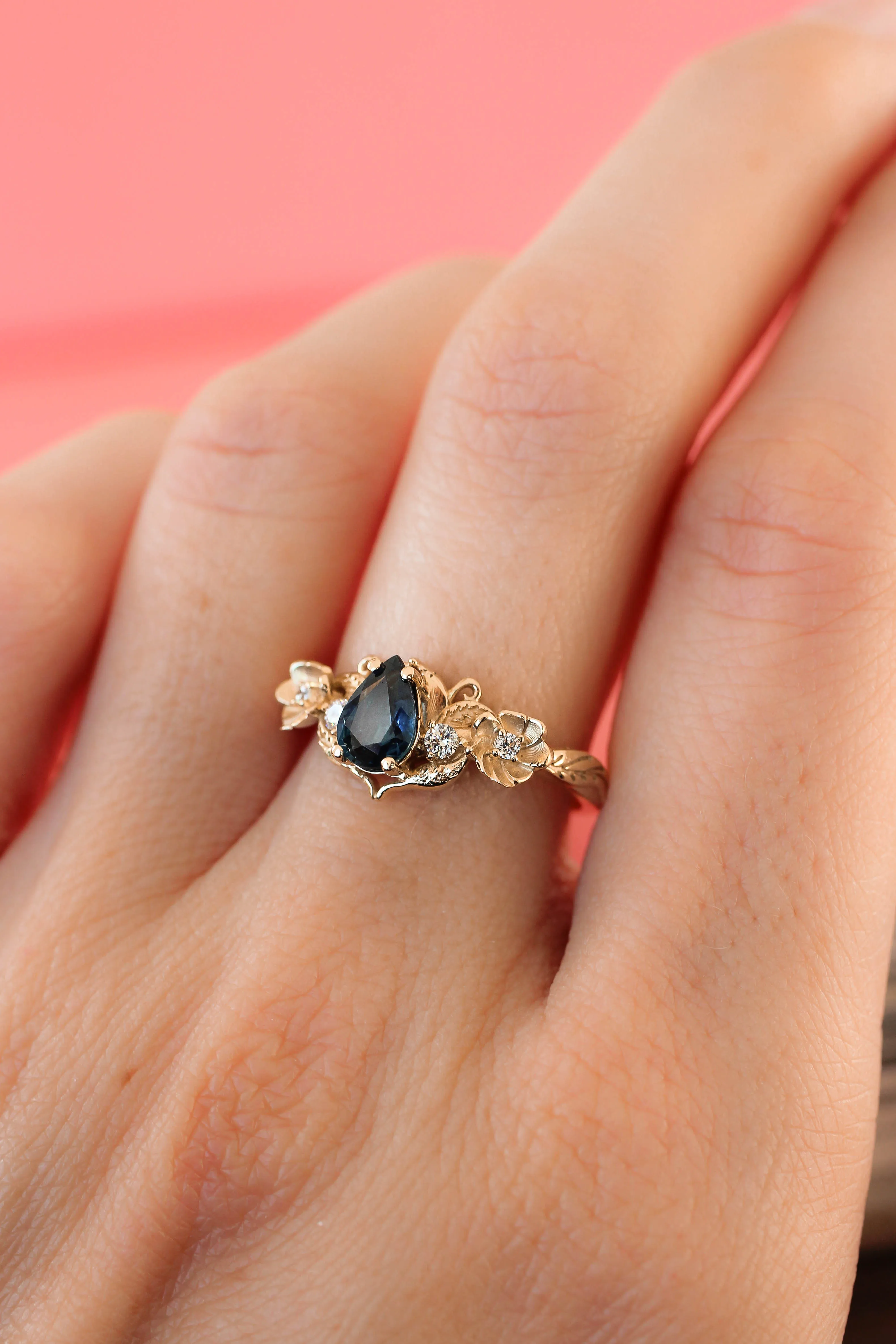 Blue sapphire and diamonds ring, flower engagement ring / Adelina