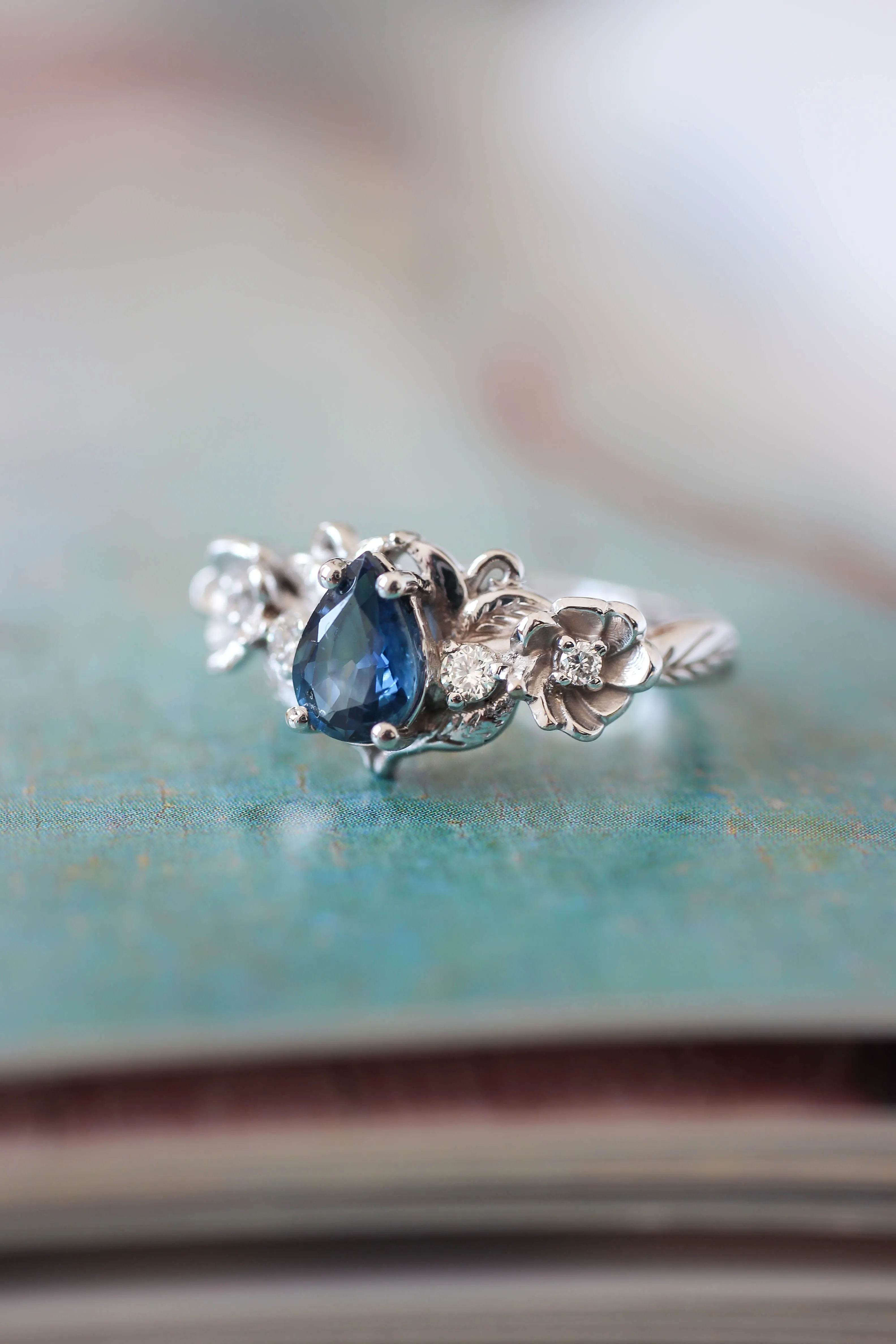 Blue sapphire and diamonds ring, flower engagement ring / Adelina