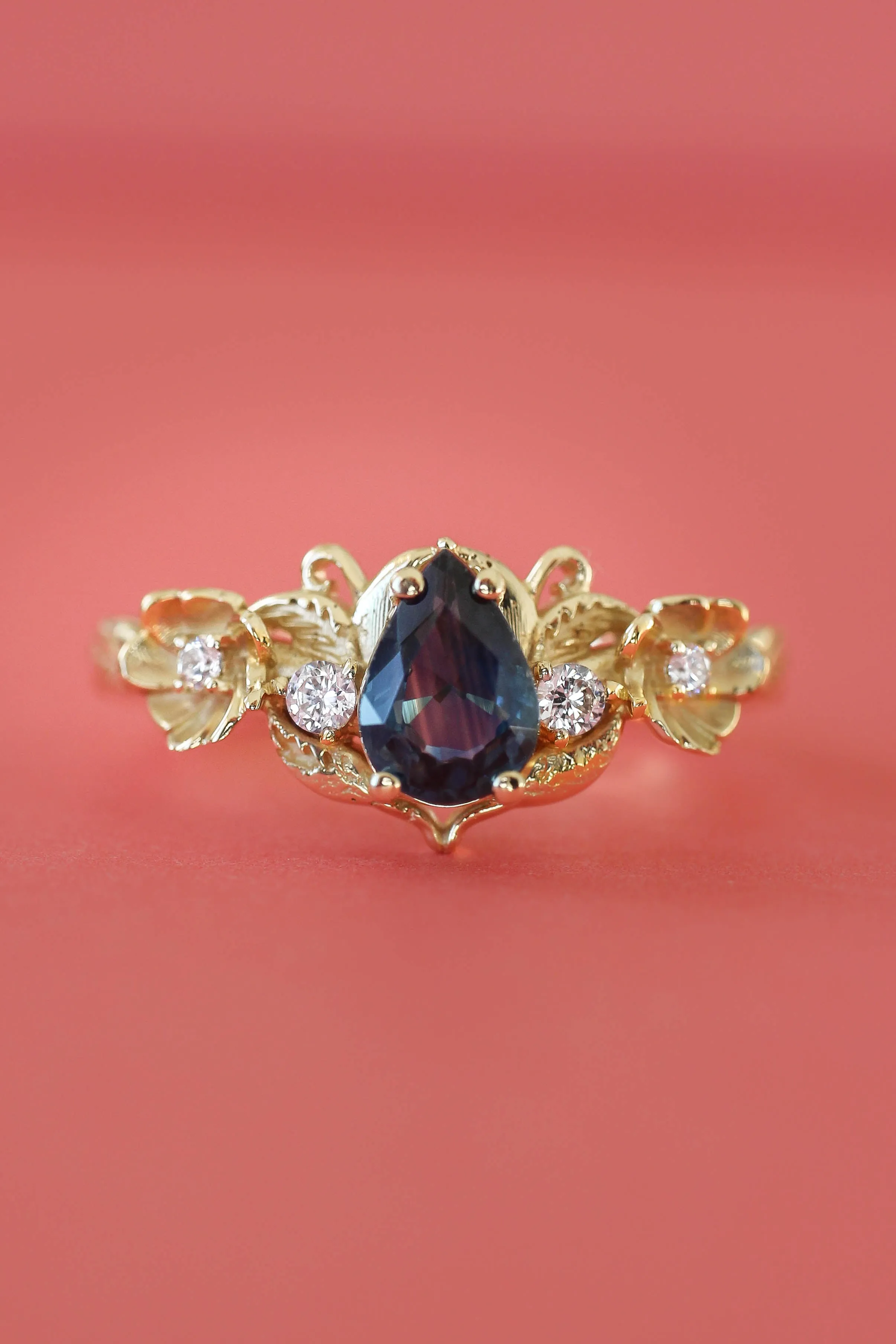 Blue sapphire and diamonds ring, flower engagement ring / Adelina