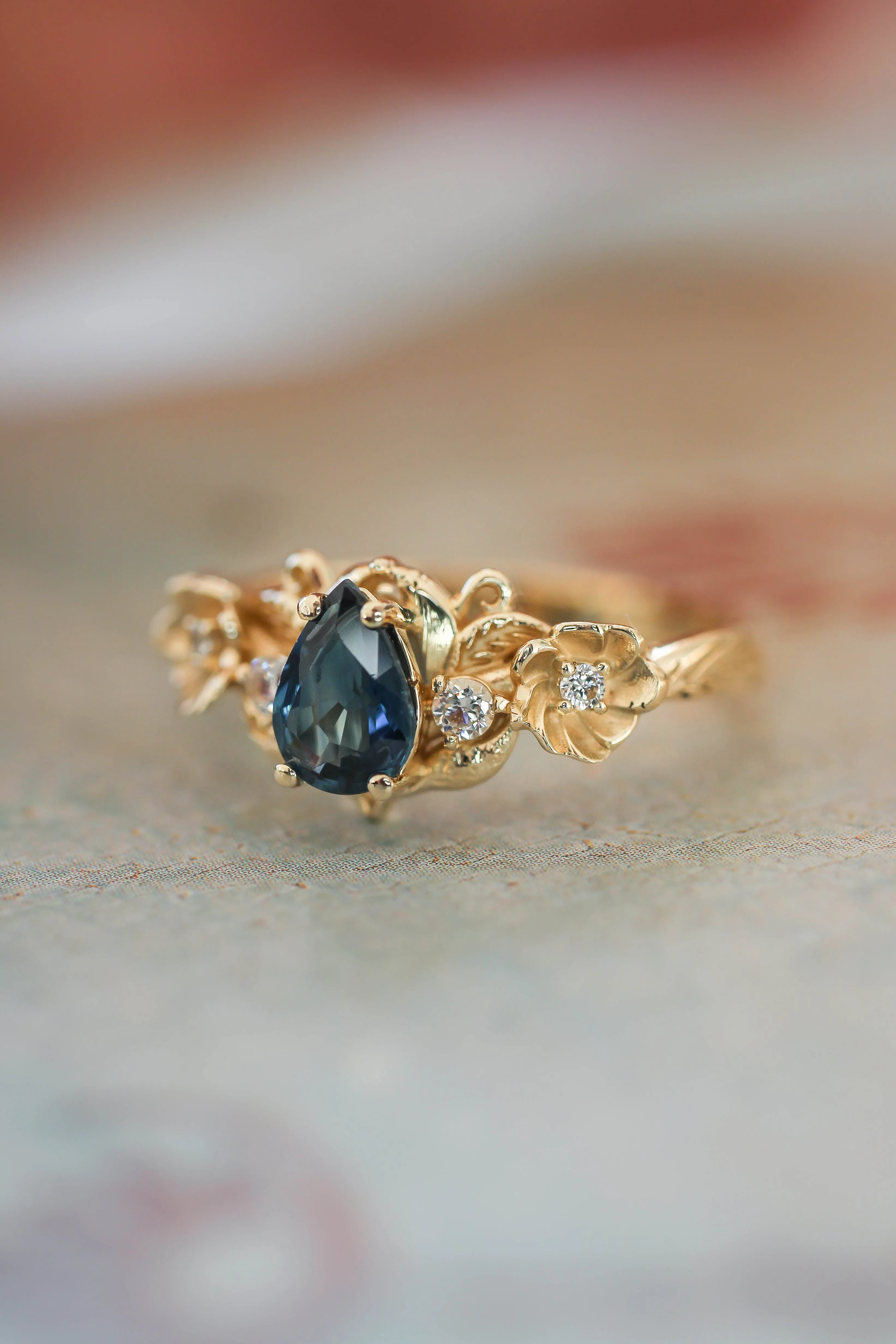 Blue sapphire and diamonds ring, flower engagement ring / Adelina