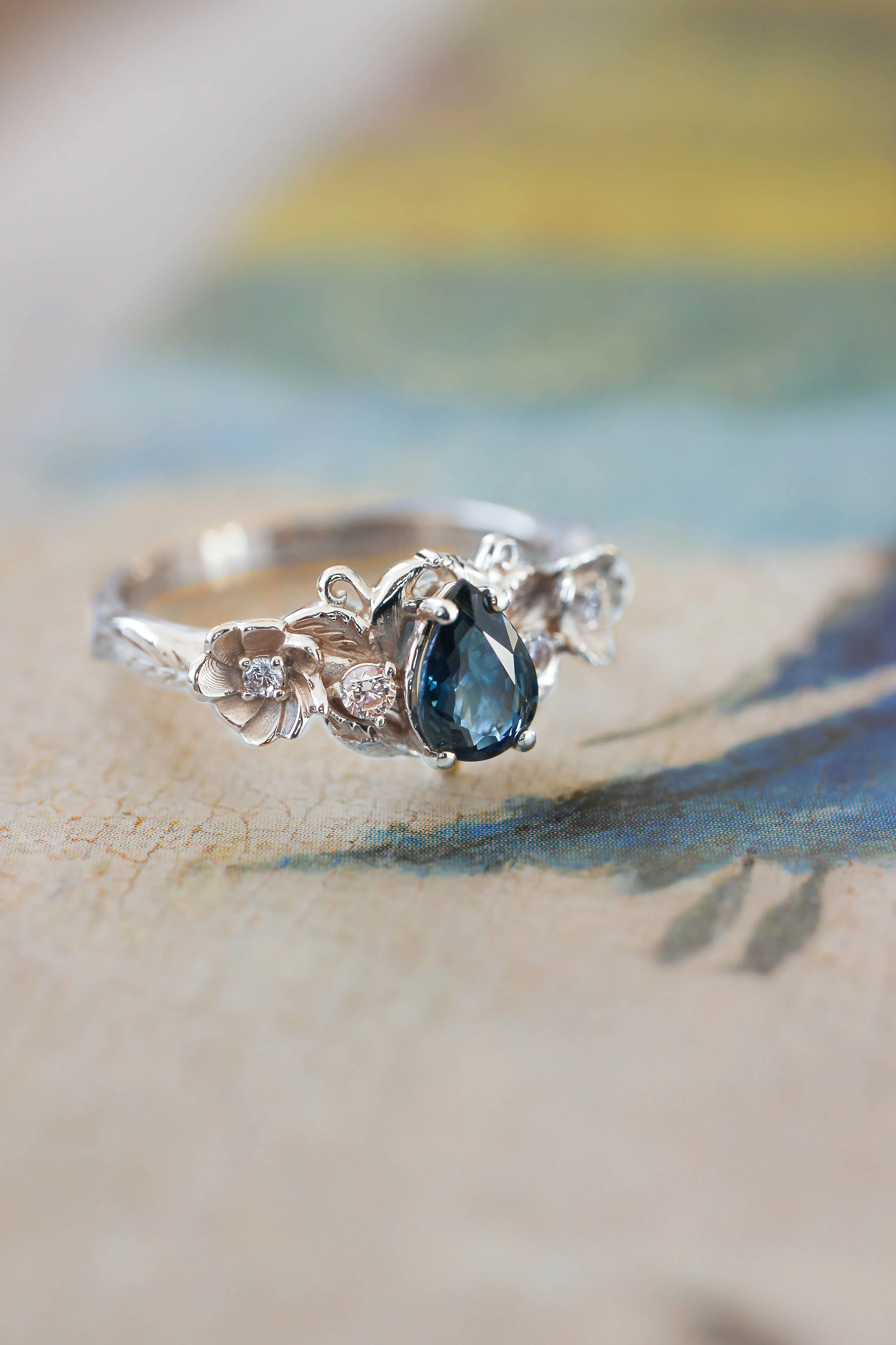 Blue sapphire and diamonds ring, flower engagement ring / Adelina