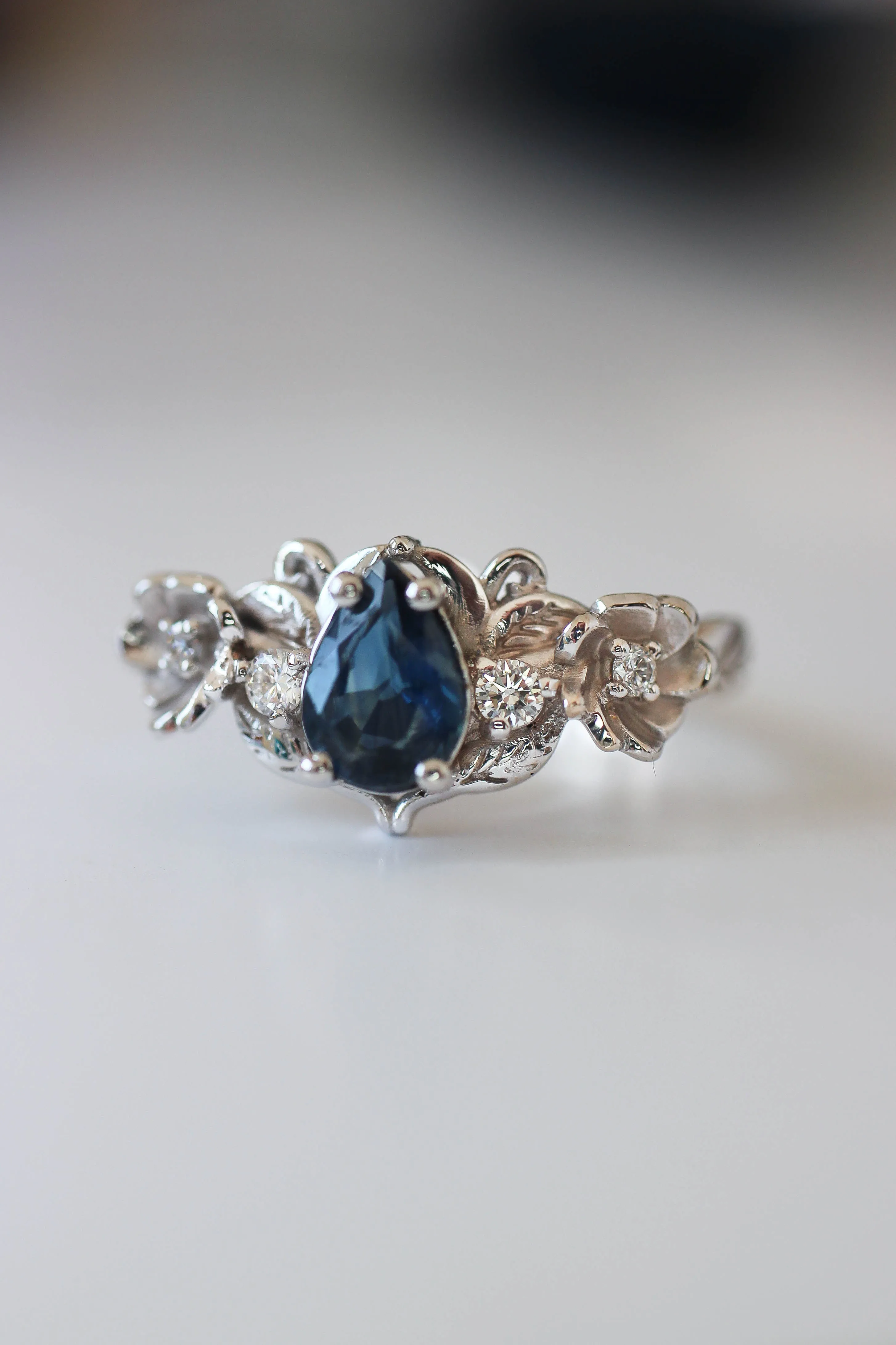 Blue sapphire and diamonds ring, flower engagement ring / Adelina