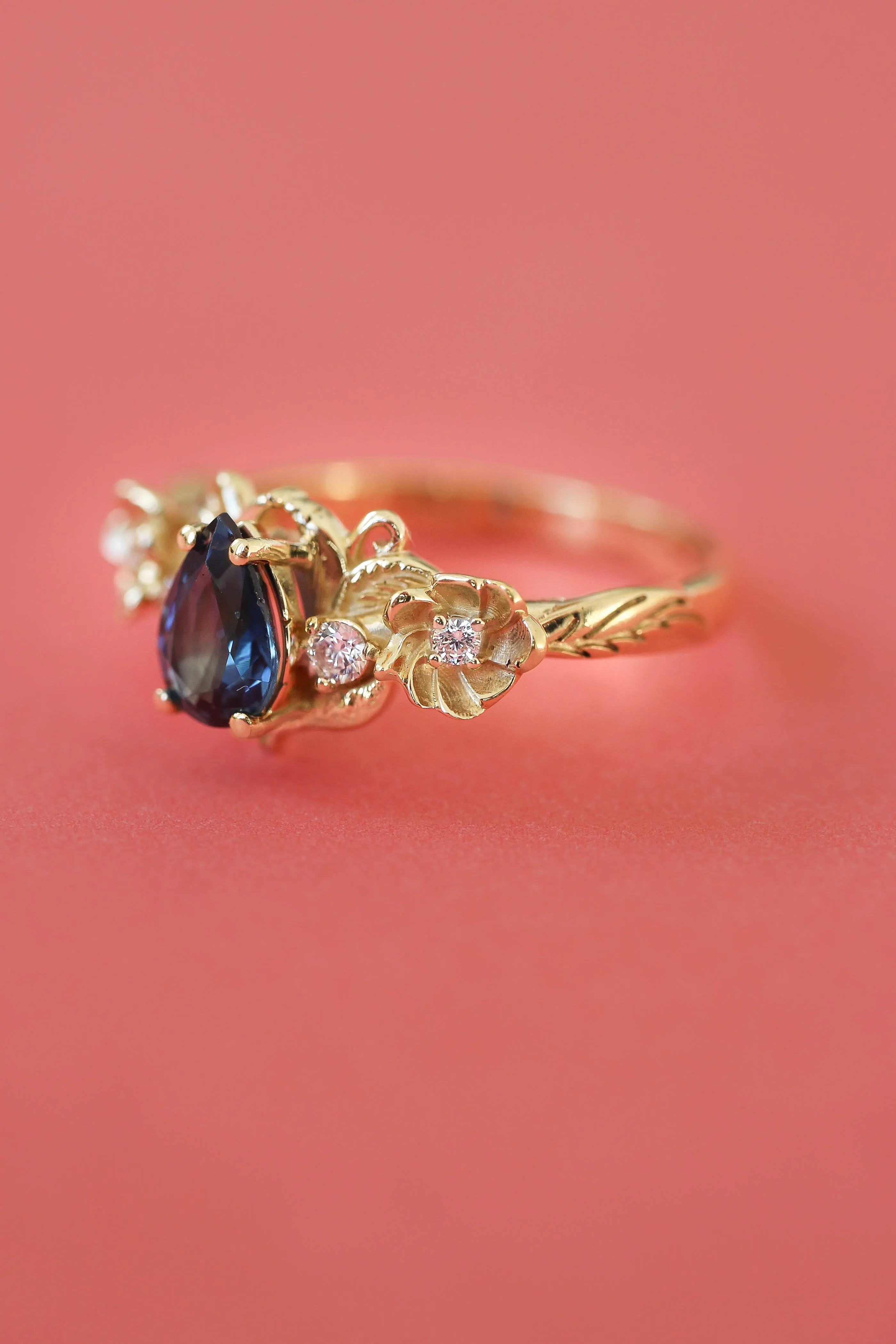 Blue sapphire and diamonds ring, flower engagement ring / Adelina