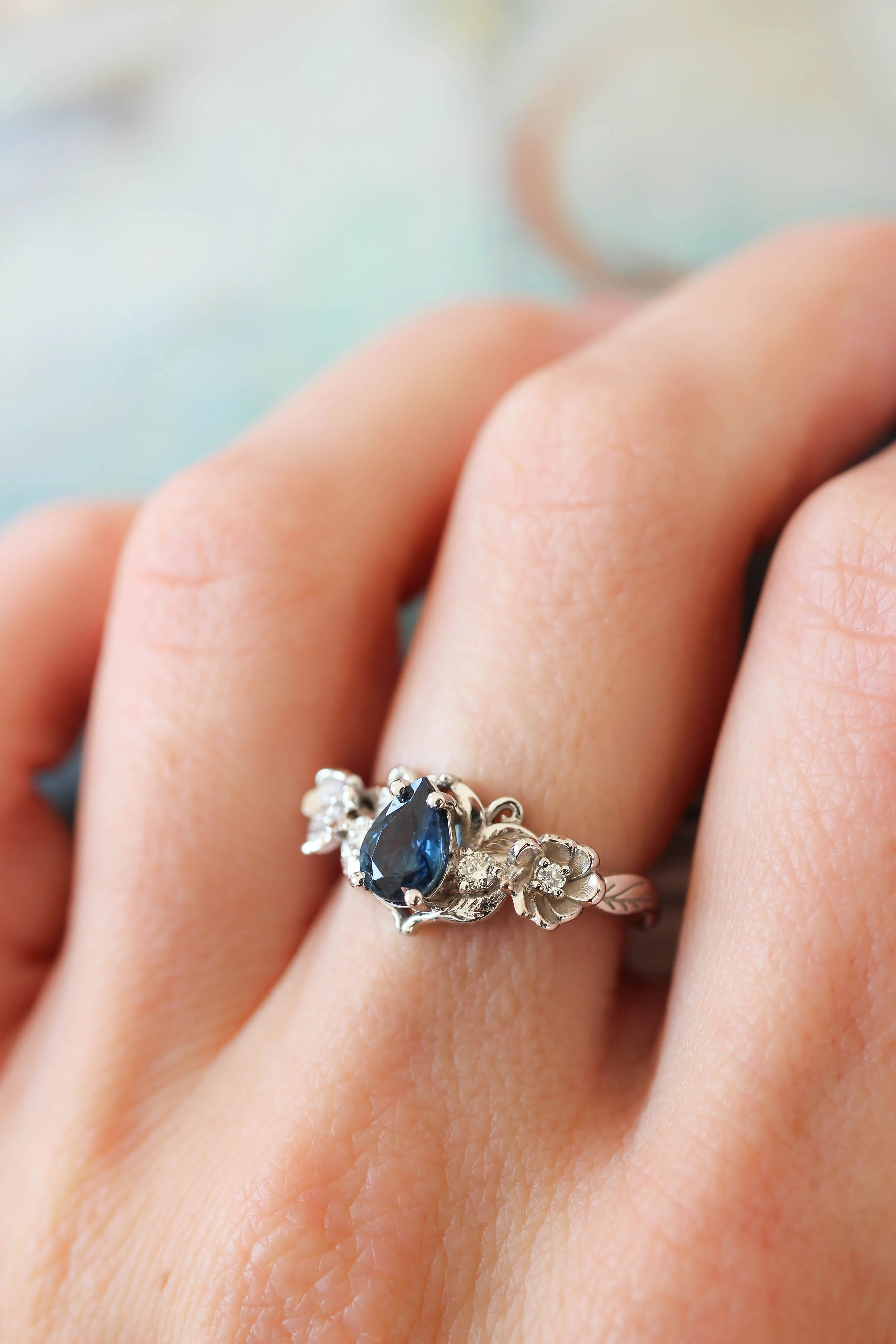 Blue sapphire and diamonds ring, flower engagement ring / Adelina