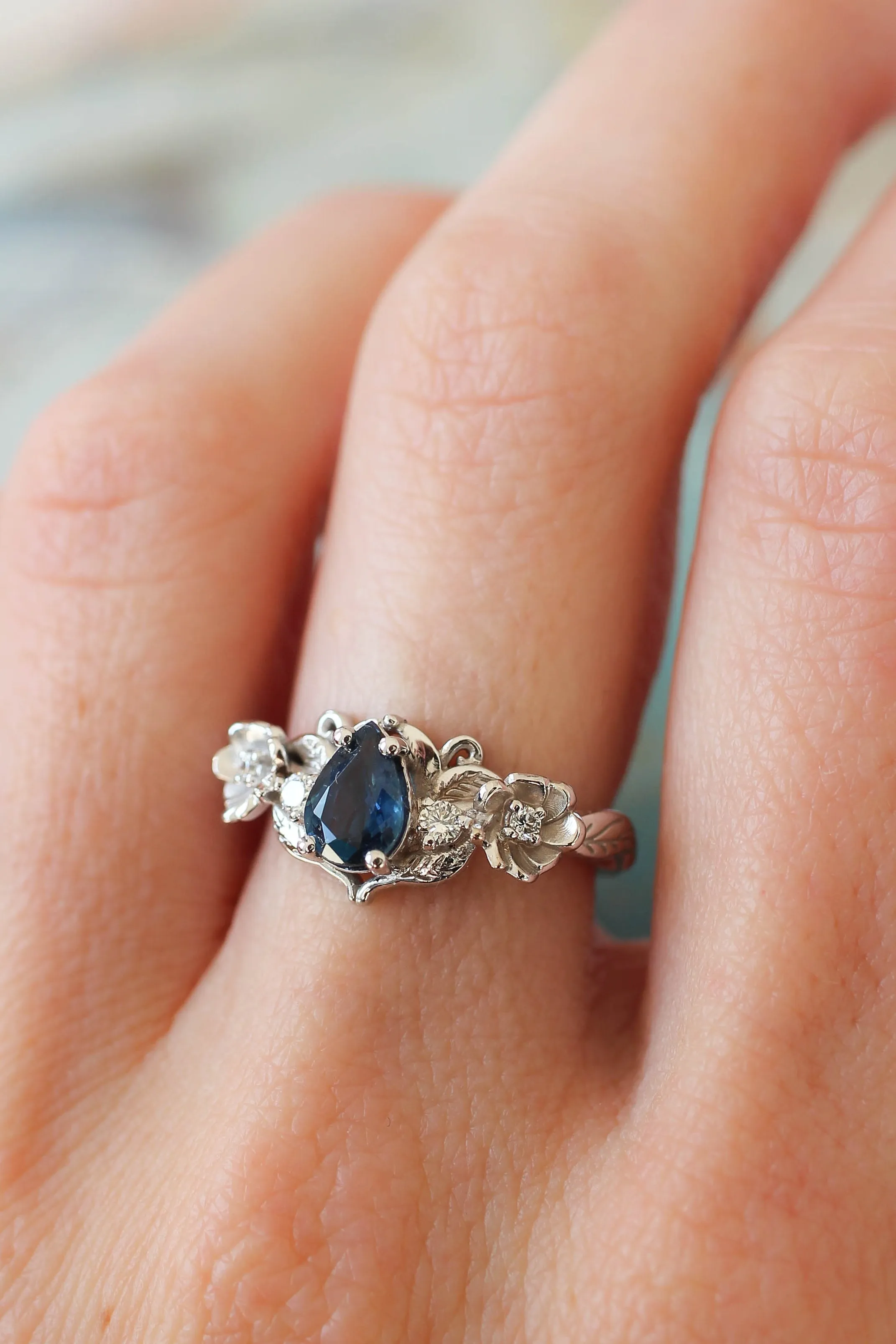 Blue sapphire and diamonds ring, flower engagement ring / Adelina