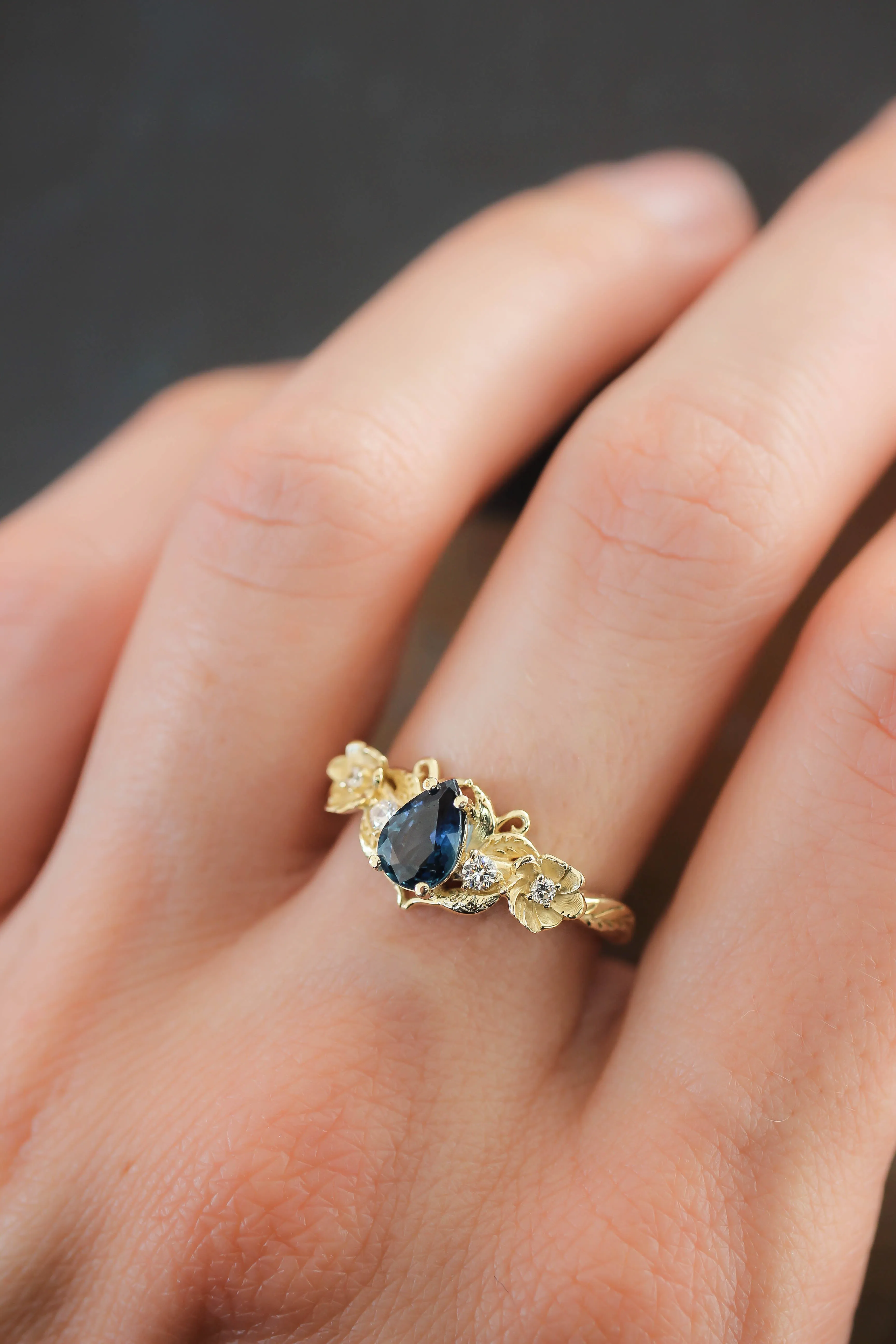 Blue sapphire and diamonds ring, flower engagement ring / Adelina