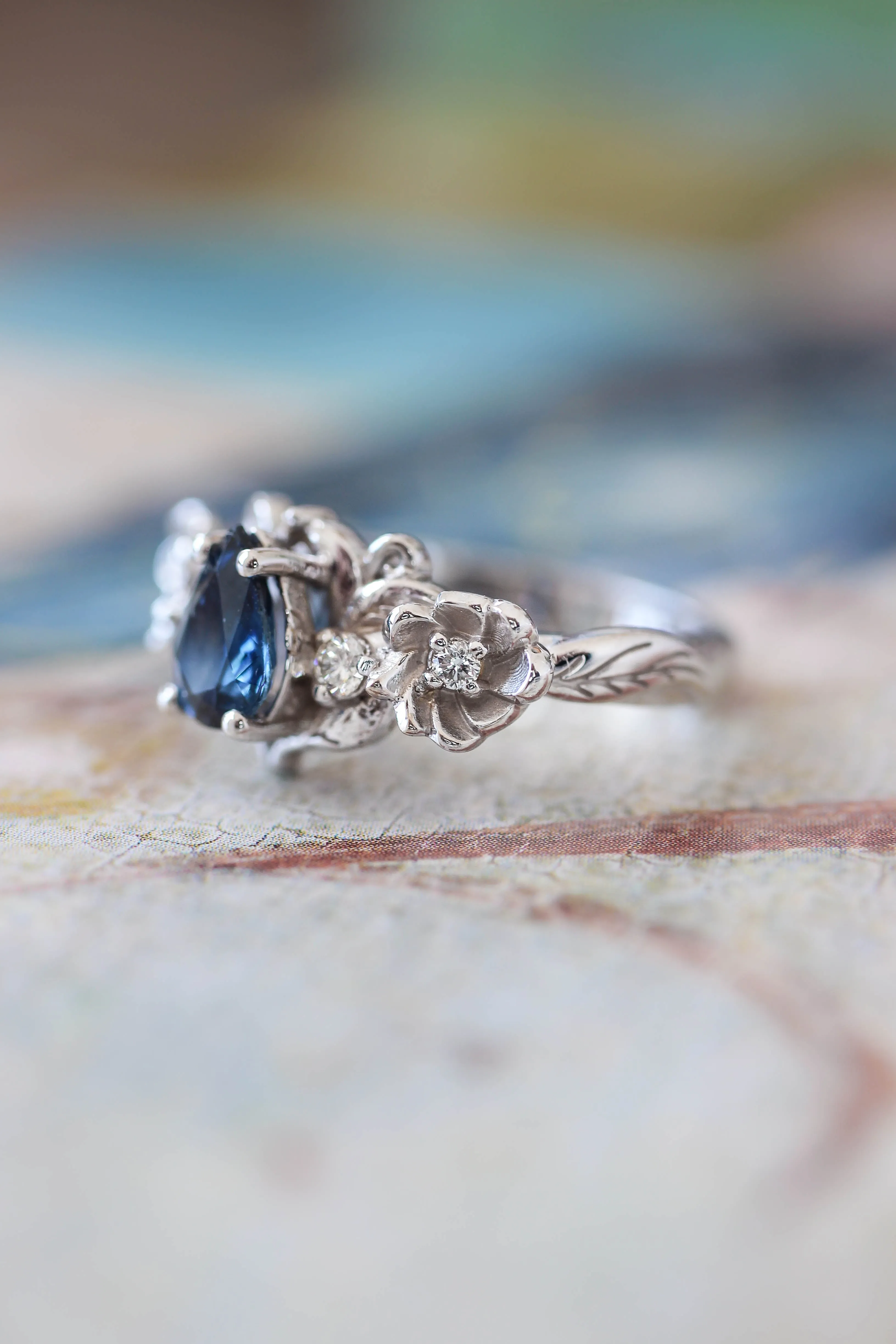 Blue sapphire and diamonds ring, flower engagement ring / Adelina