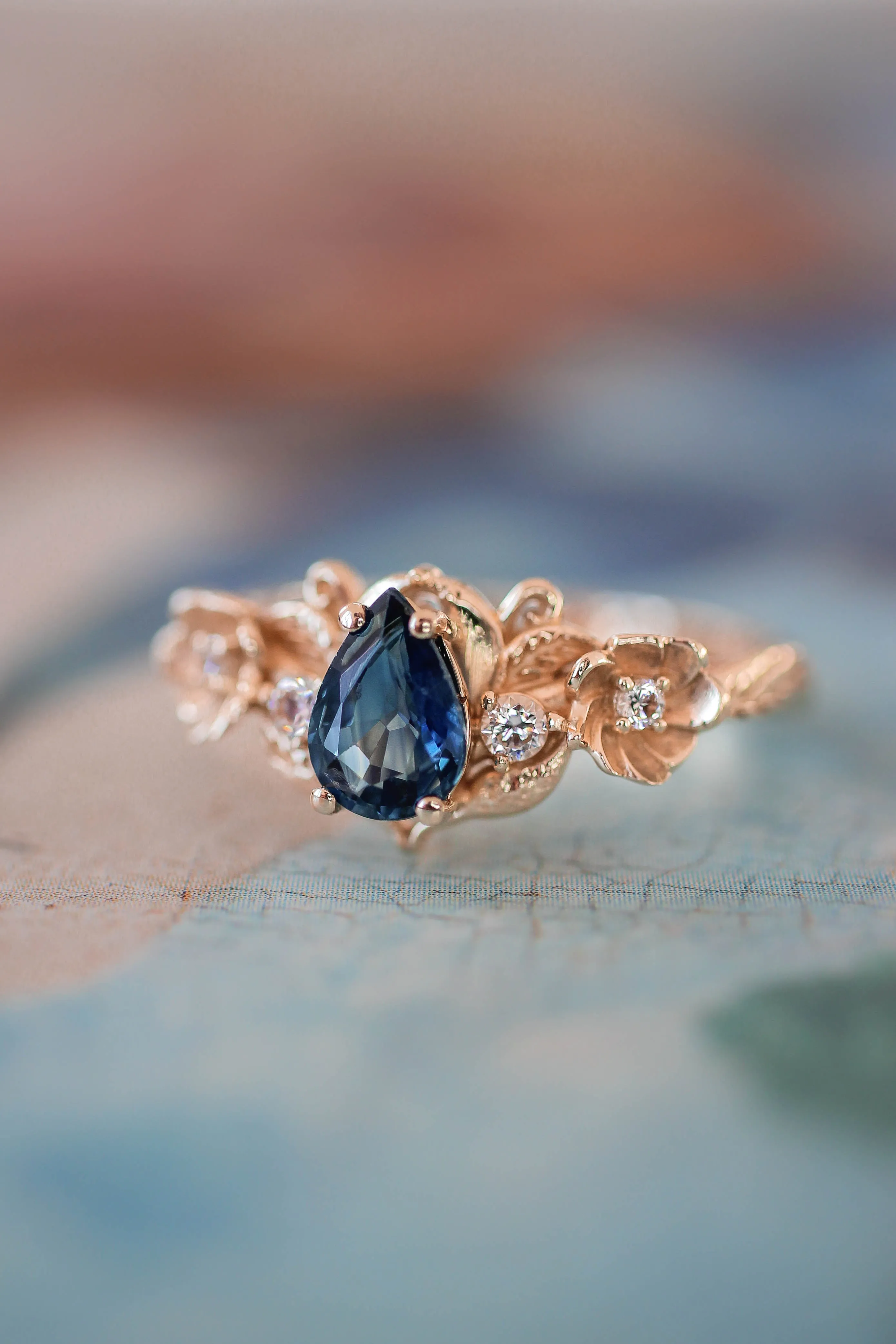 Blue sapphire and diamonds ring, flower engagement ring / Adelina