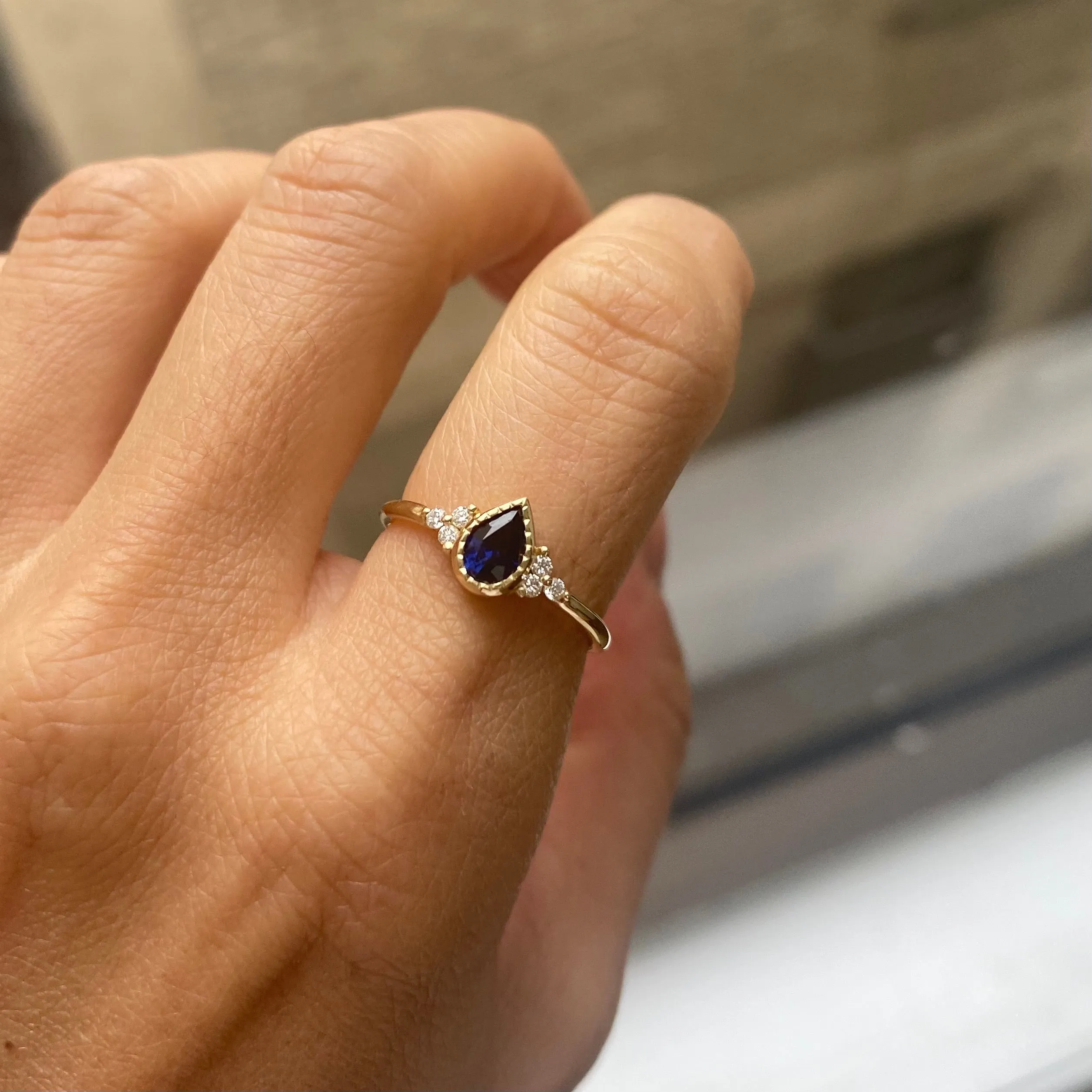 Blue Sapphire Pear Diamond Cluster Ring