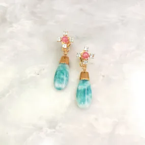 Blue Topaz and Cherry Quartz Stud with Lemon Quartz Amazonite Twinset Earrings