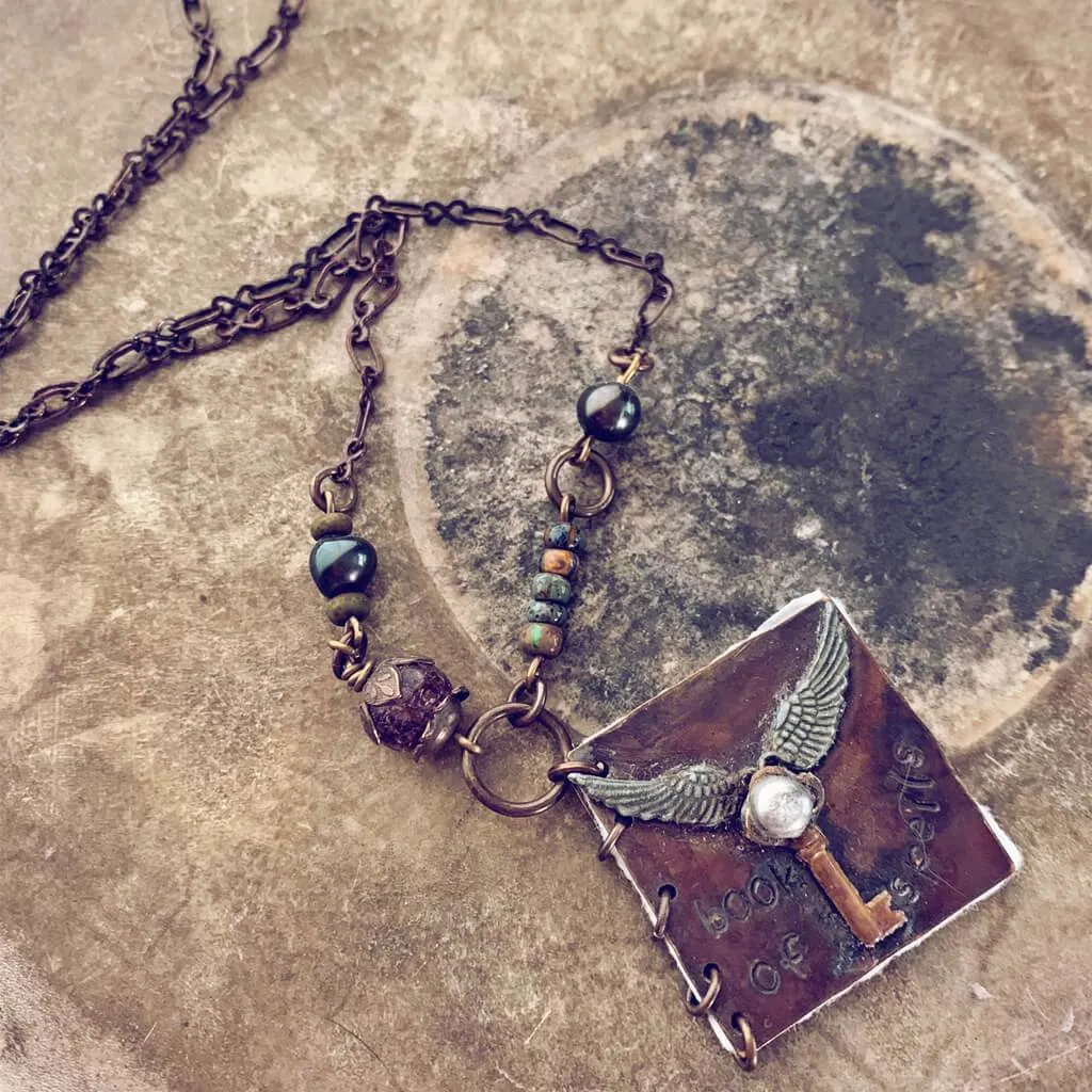 book of spells // mini journal blank book natural brass pendant necklace