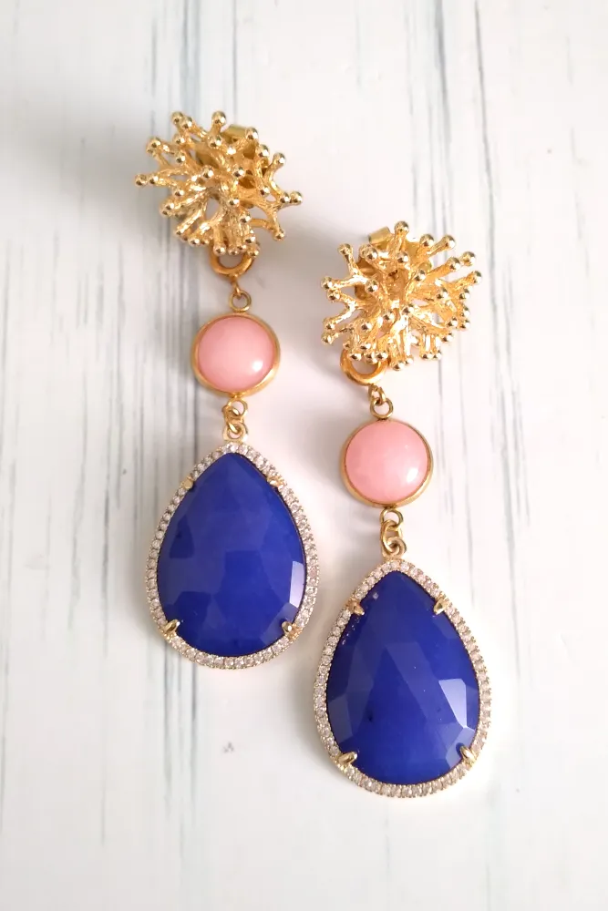 Branch Coral with Pink Opal and Blue Agate Twinset Earrings