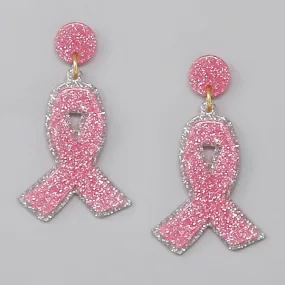 Breast Cancer Pink Ribbon Theme Dangle Earrings